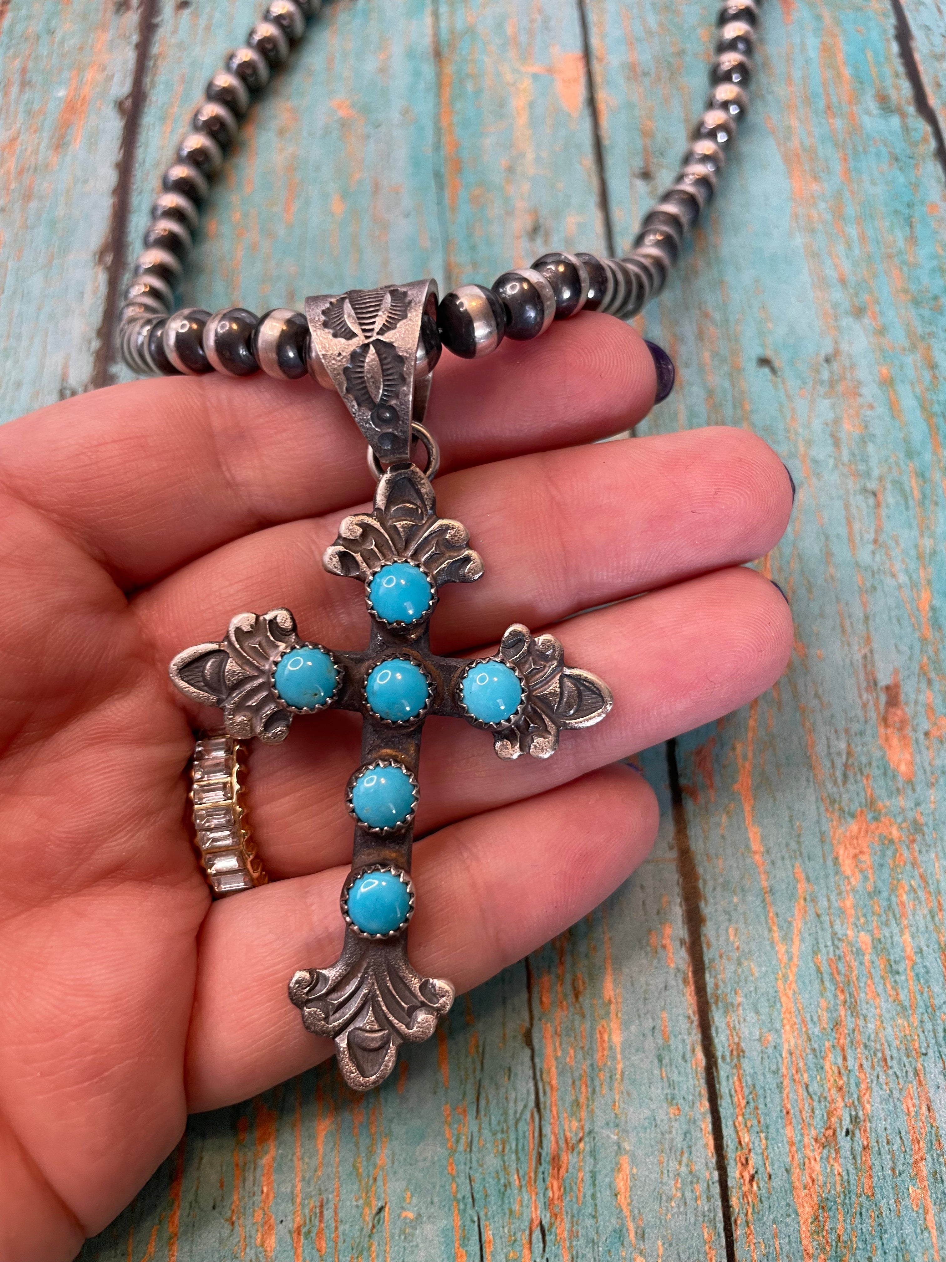 Kevin Billah Sterling Silver And Turquoise Cross Pendant Signed