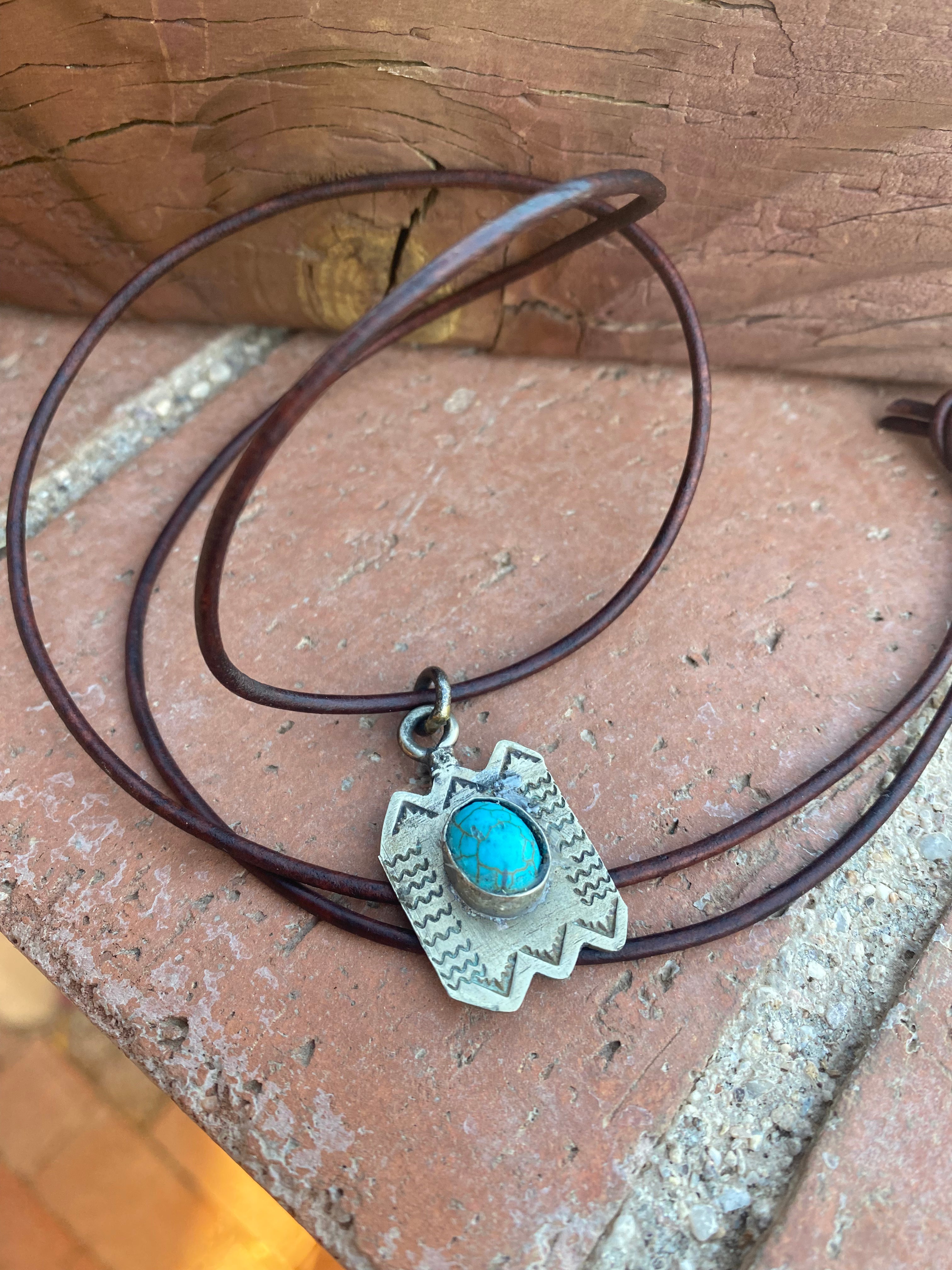 Handmade German Silver & Turquoise Leather Necklace