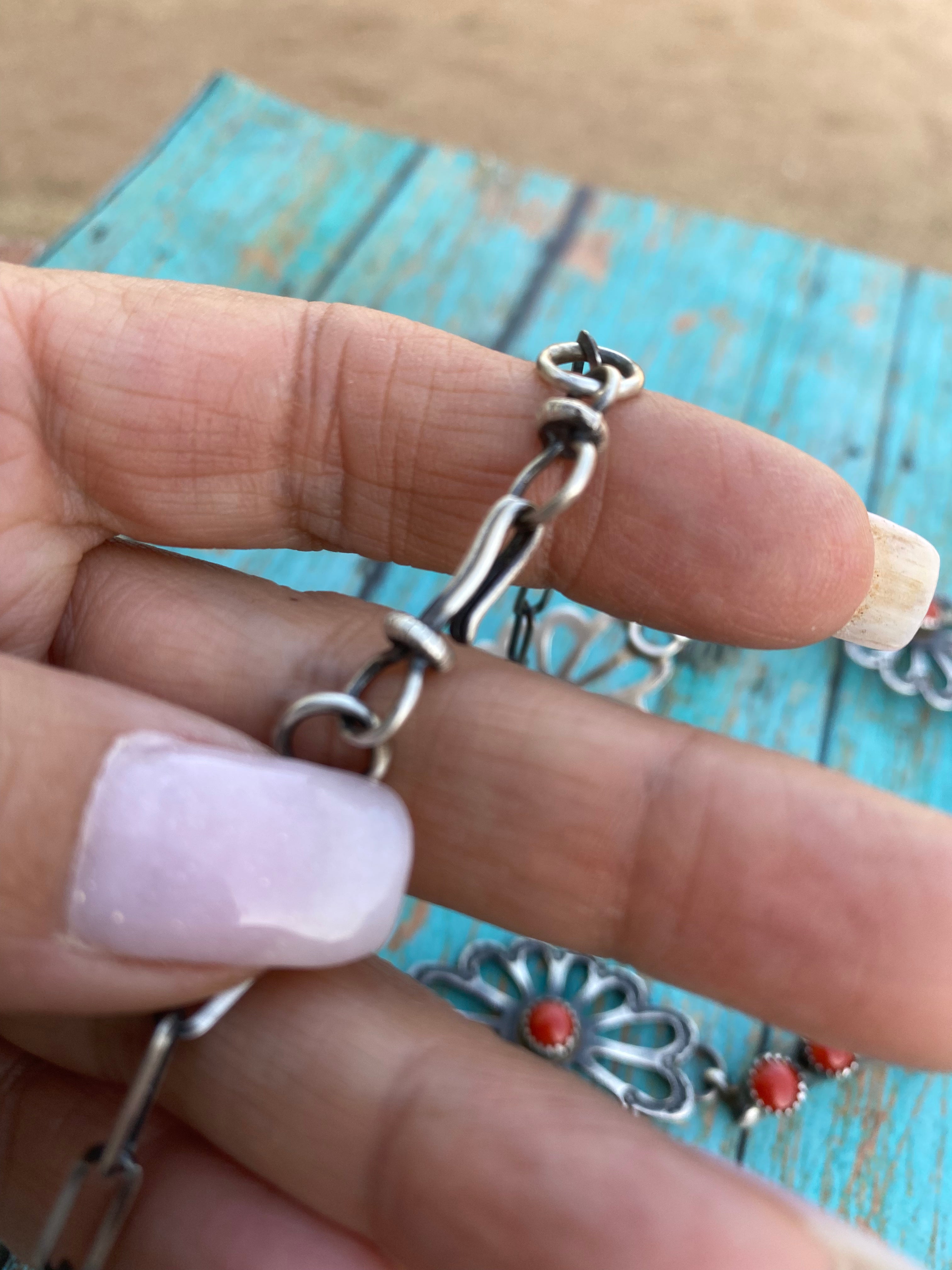 Navajo Sterling Silver & Coral Bull Head Necklace Set By Kevin Billah