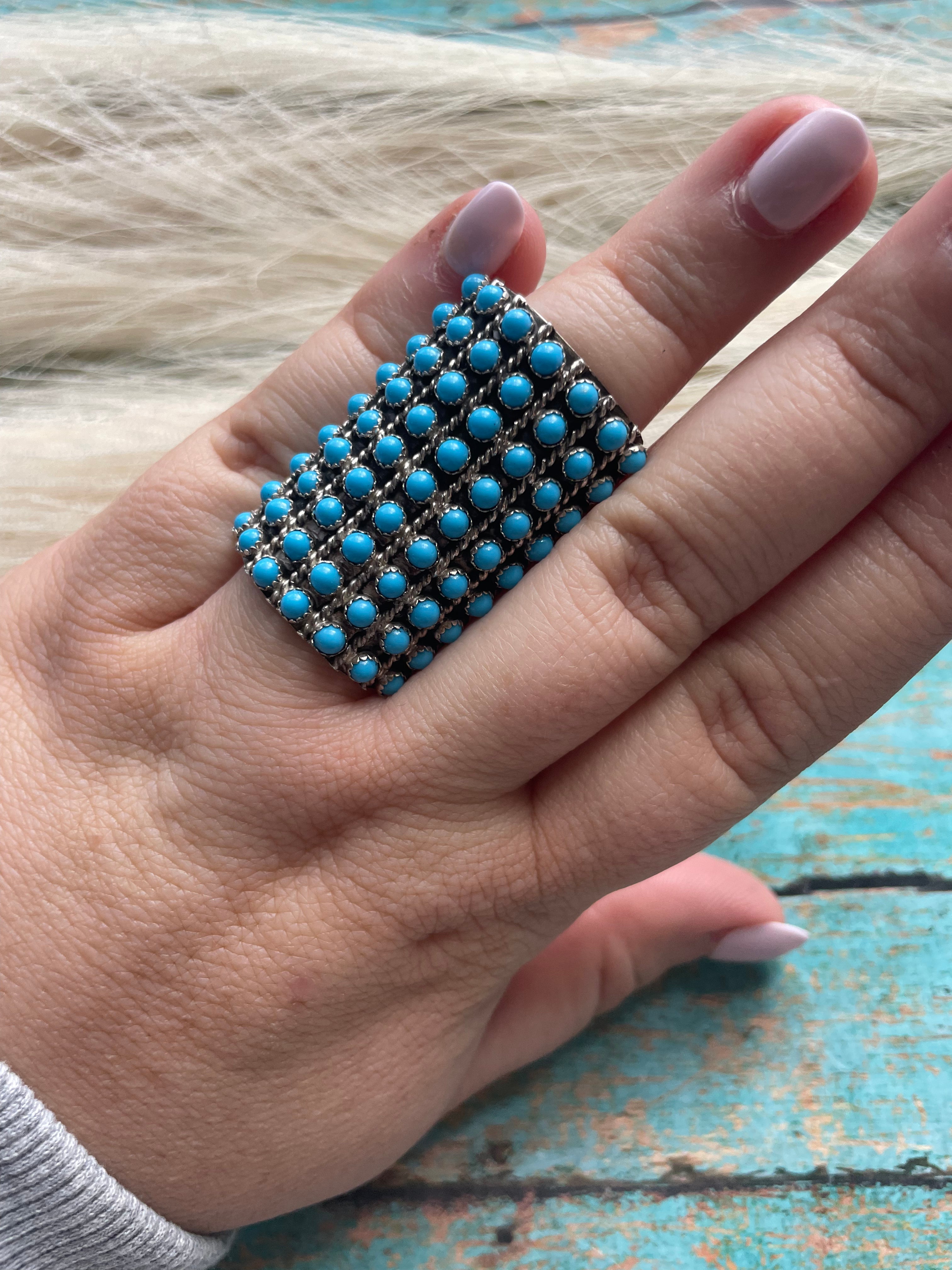 Navajo Sterling Silver And Turquoise Rectangle Ring Size 7