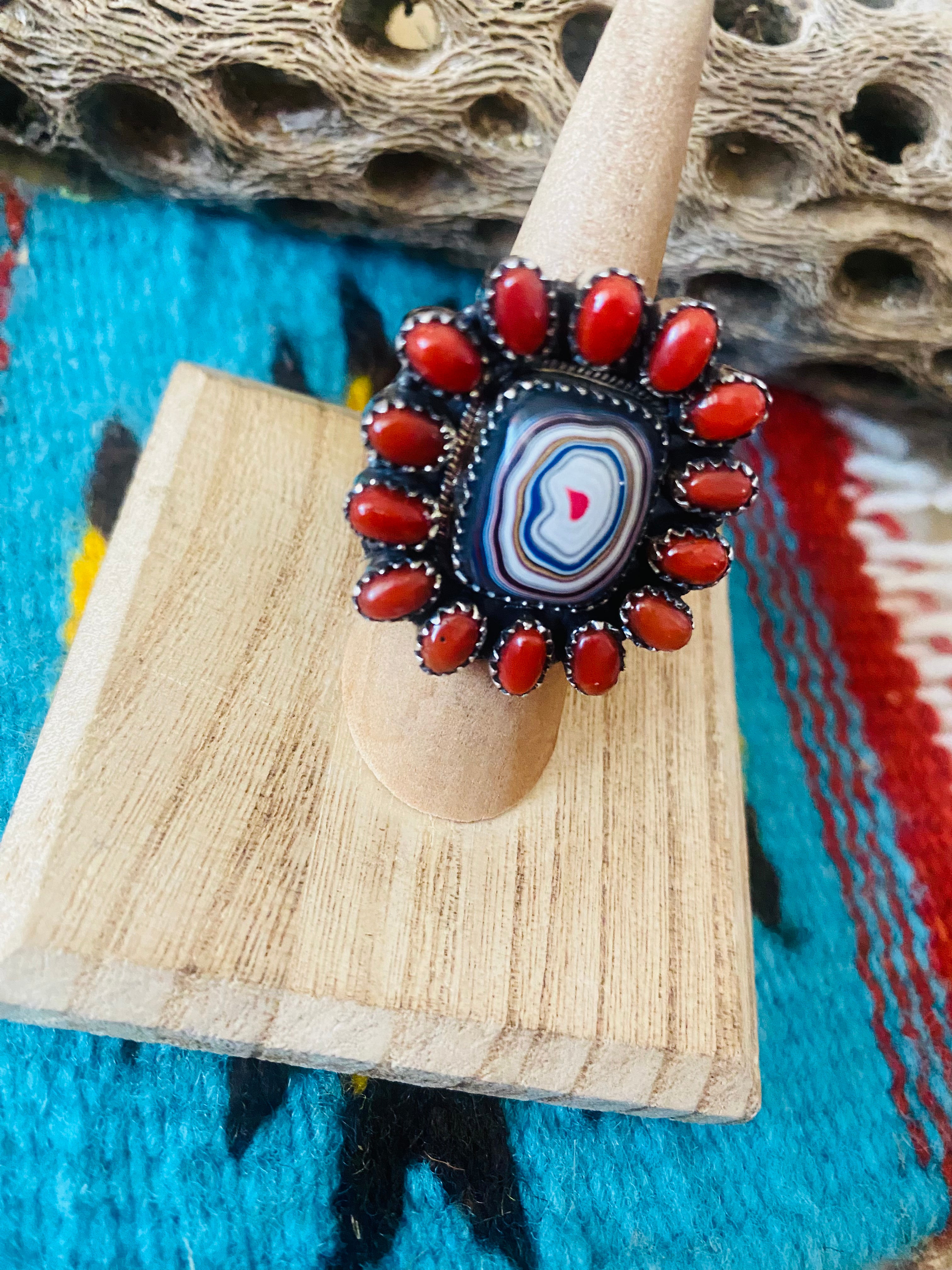 Handmade Sterling Silver, Fordite & Coral Cluster Adjustable Ring