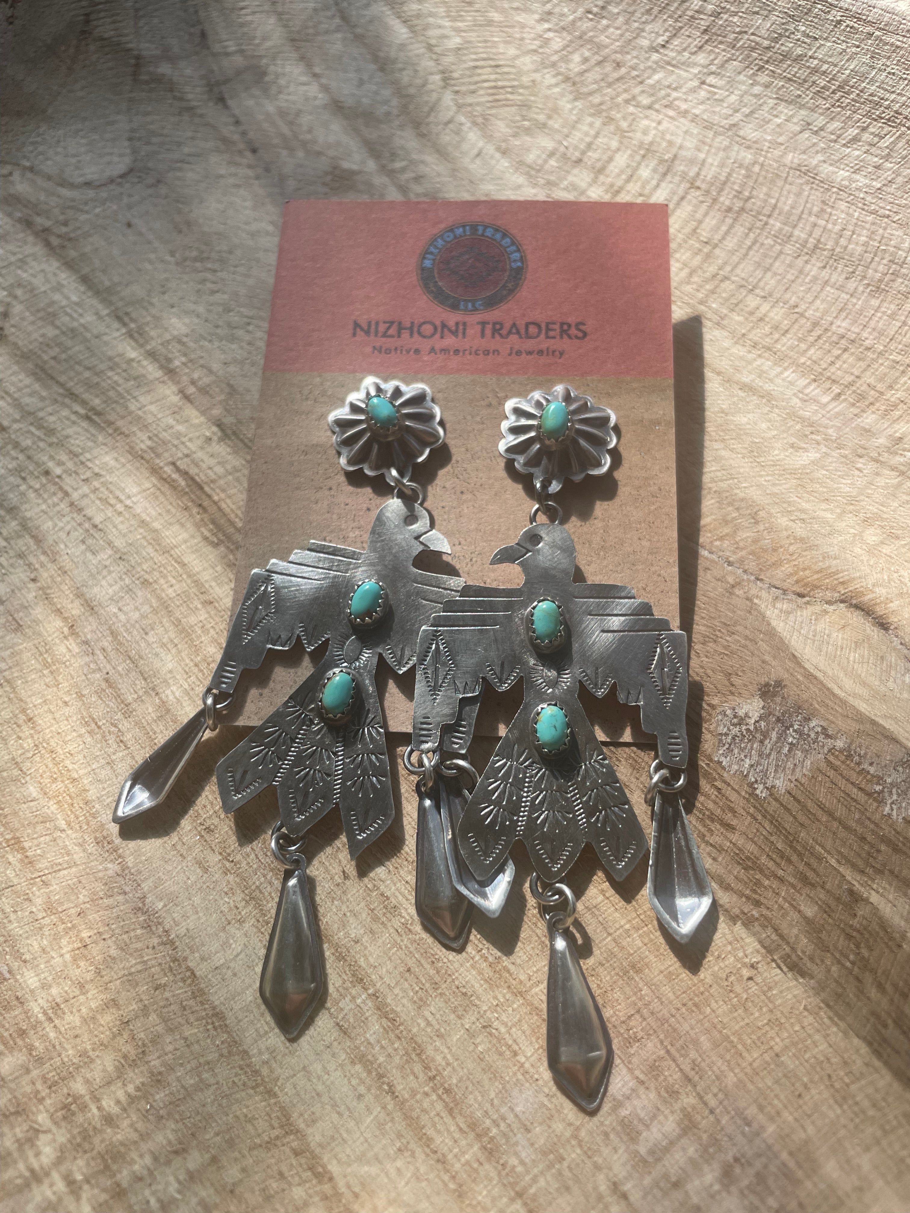 Navajo Sterling Silver & Turquoise Thunderbird Dangle Earrings