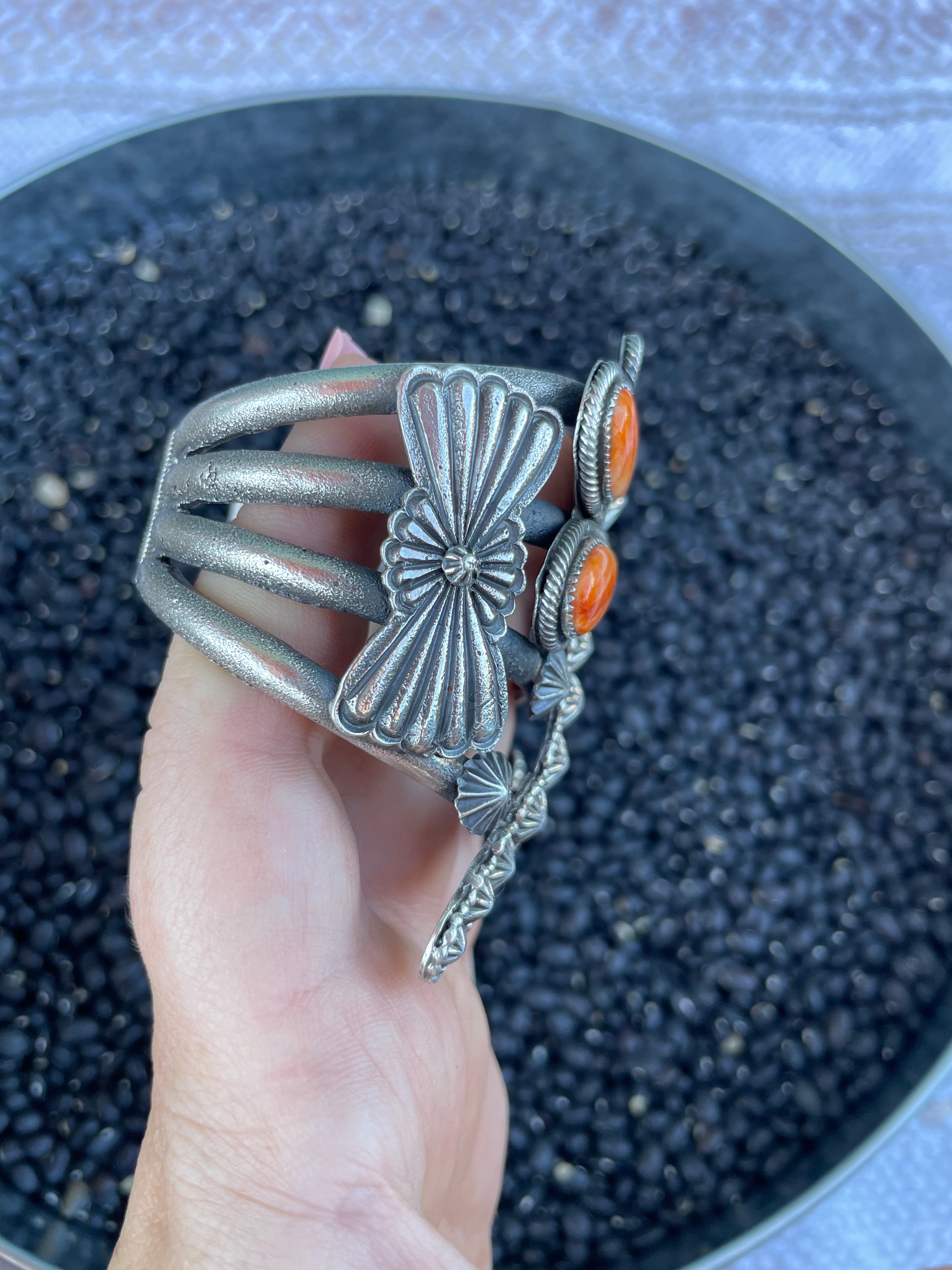 Navajo Sterling Silver And Orange Spiny Dragonfly Cuff Bracelet By K Billah