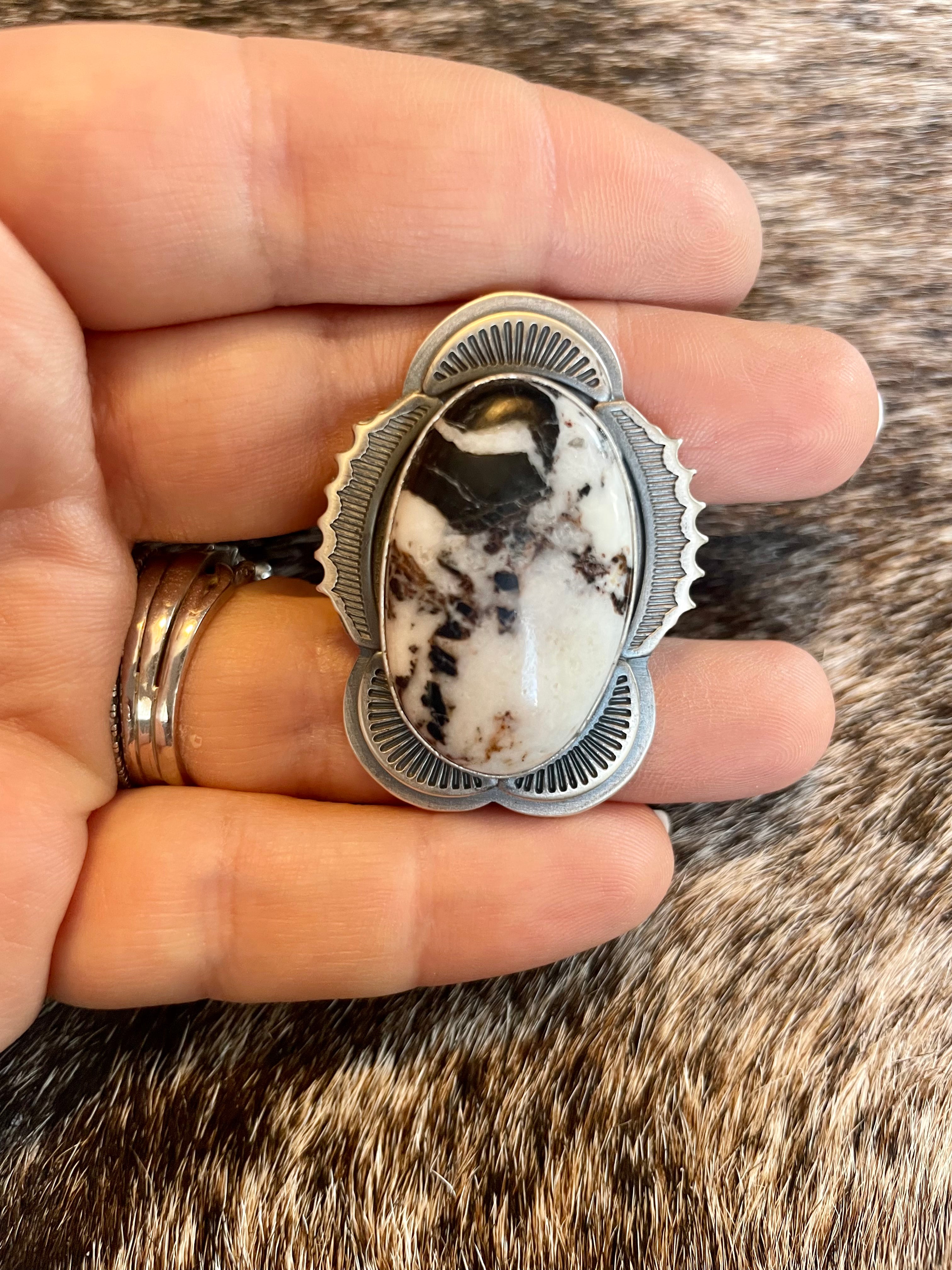 Navajo White Buffalo & Sterling Silver Ring Size 9.5