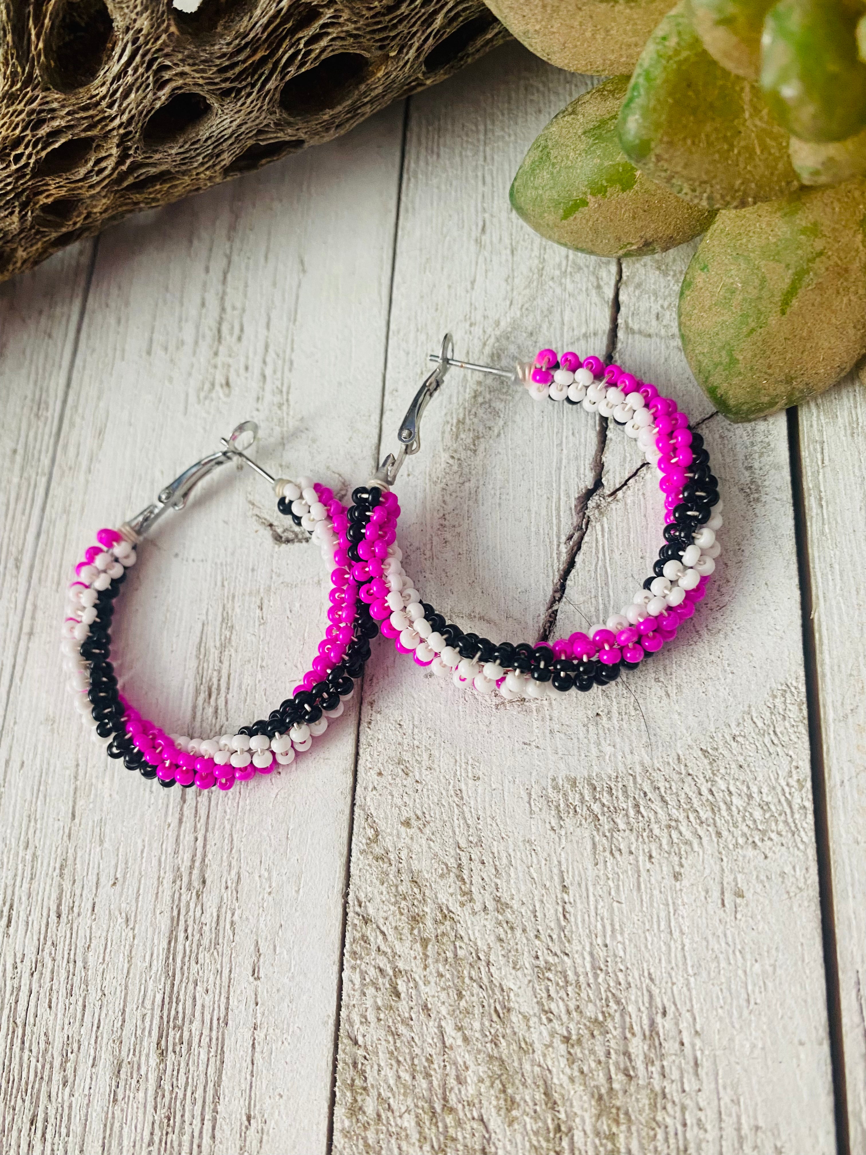 Navajo Handmade Beaded Hoop Earrings- pink, black