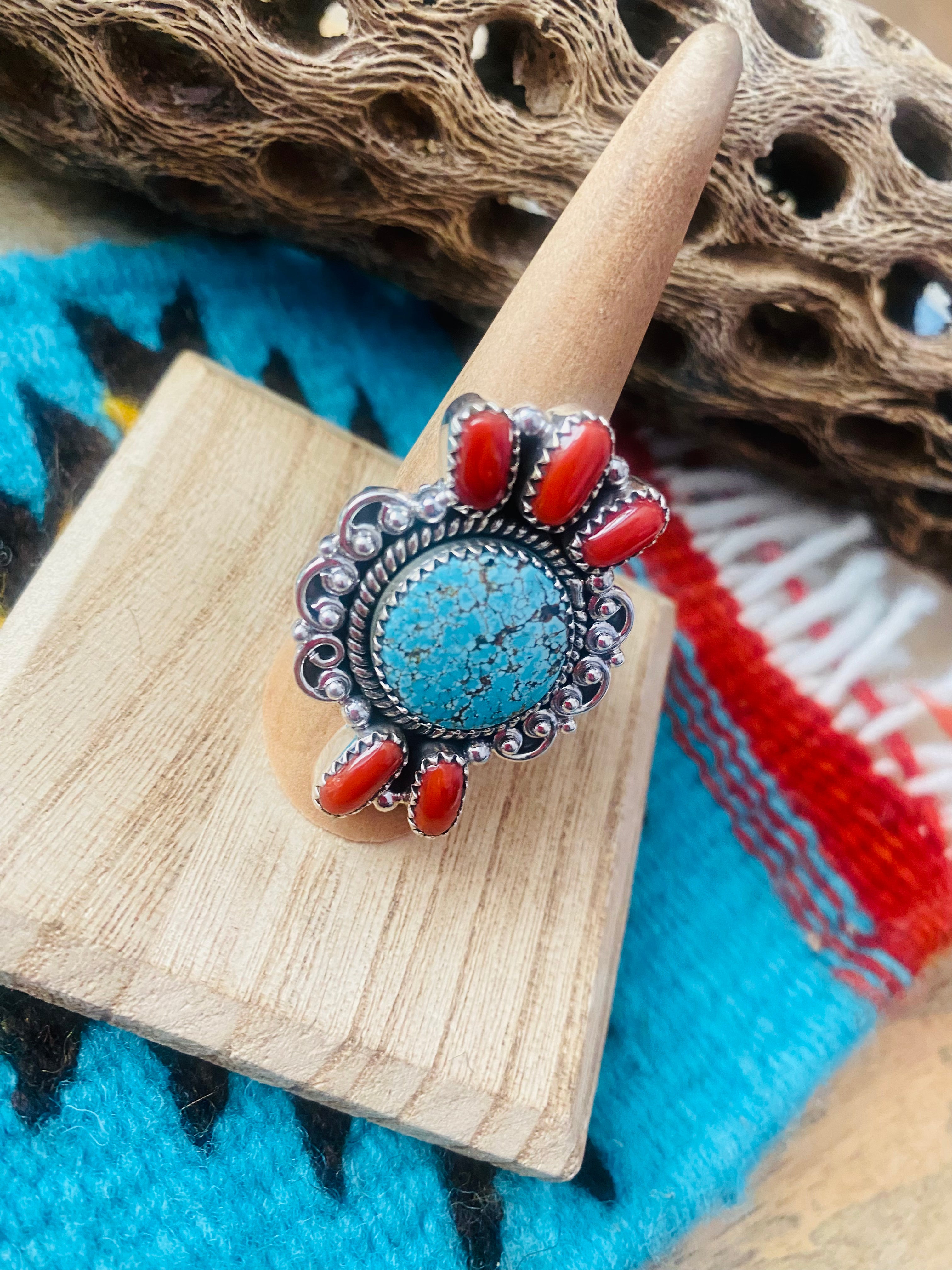 Handmade Sterling Silver, Coral & Number 8 Turquoise Adjustable Ring