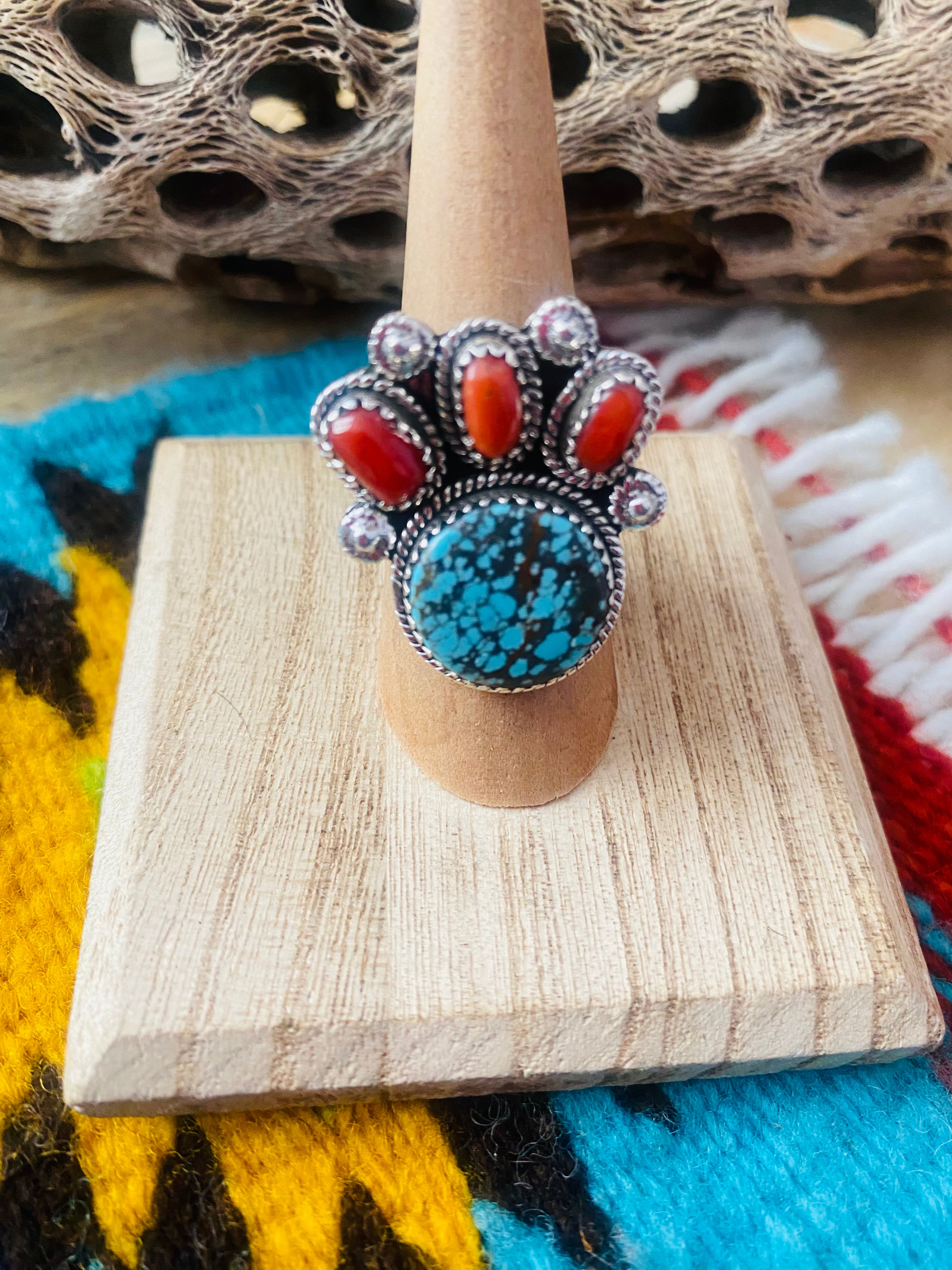 Handmade Sterling Silver, Coral & Number 8 Turquoise Adjustable Ring