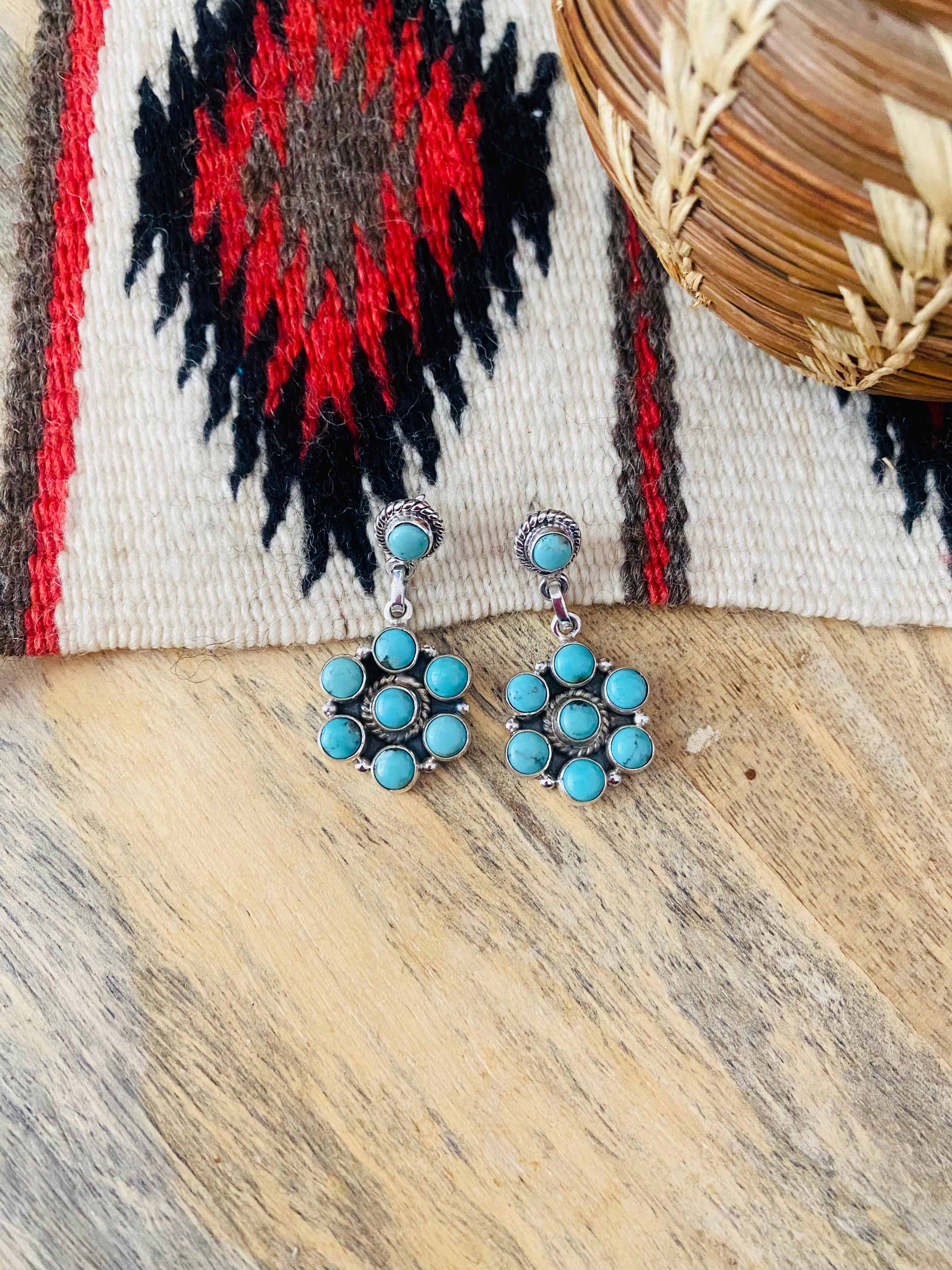 Handmade Turquoise And Sterling Silver Cluster Dangle Earrings