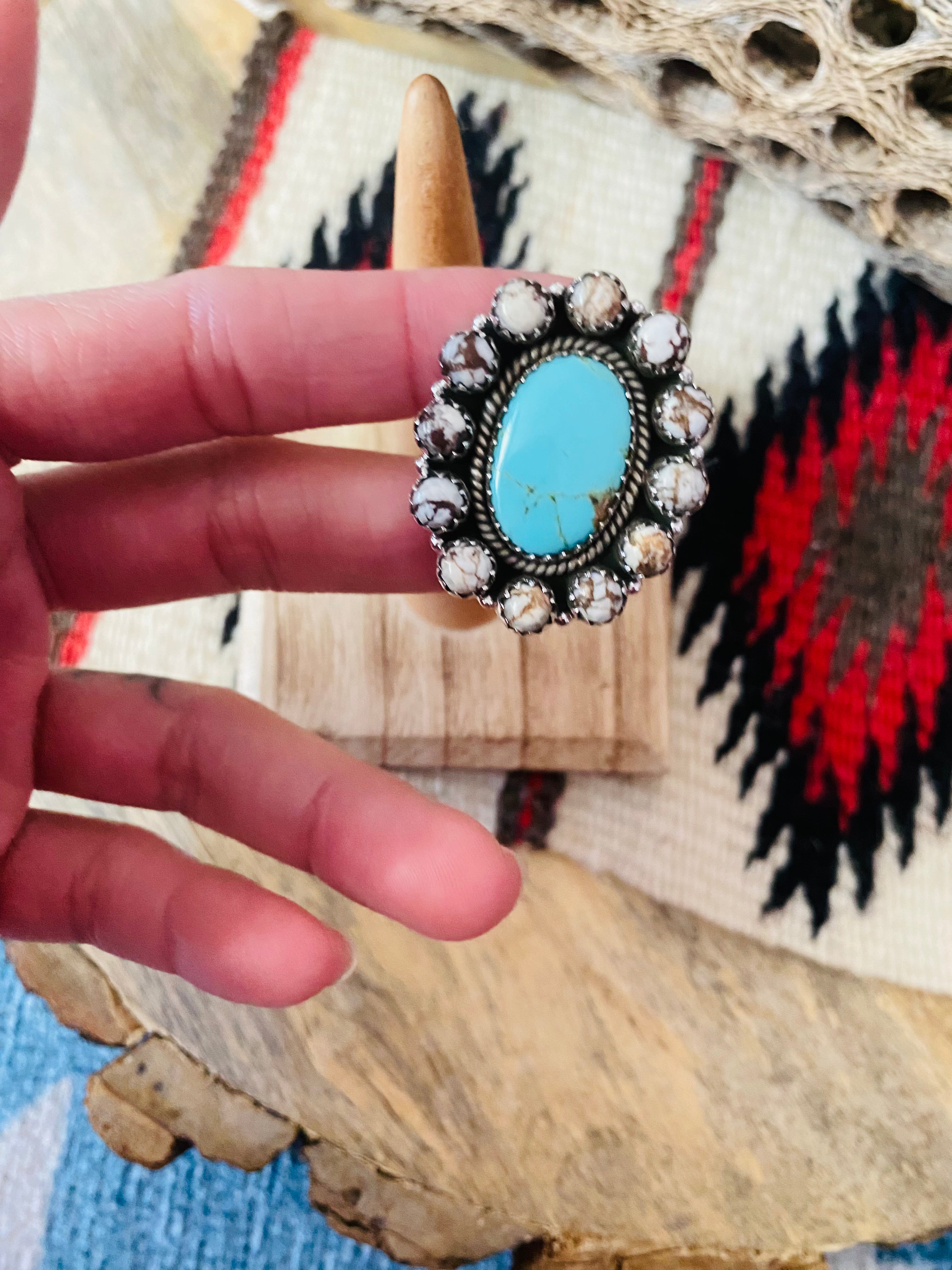 Handmade Sterling Silver, Wild Horse & Turquoise Cluster Adjustable Ring