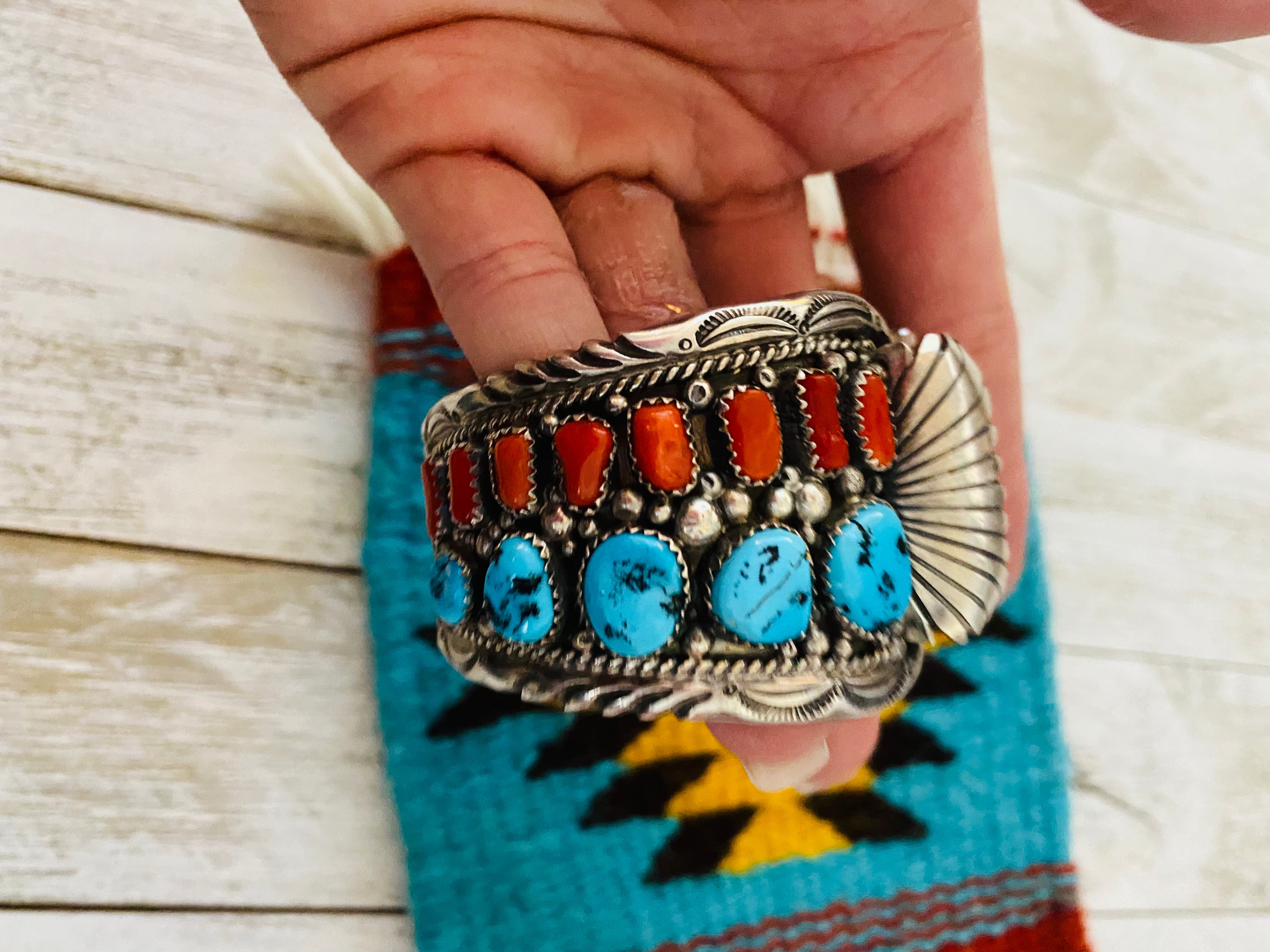 Old Pawn Vintage Navajo Turquoise, Coral & Sterling Silver Watch Cuff