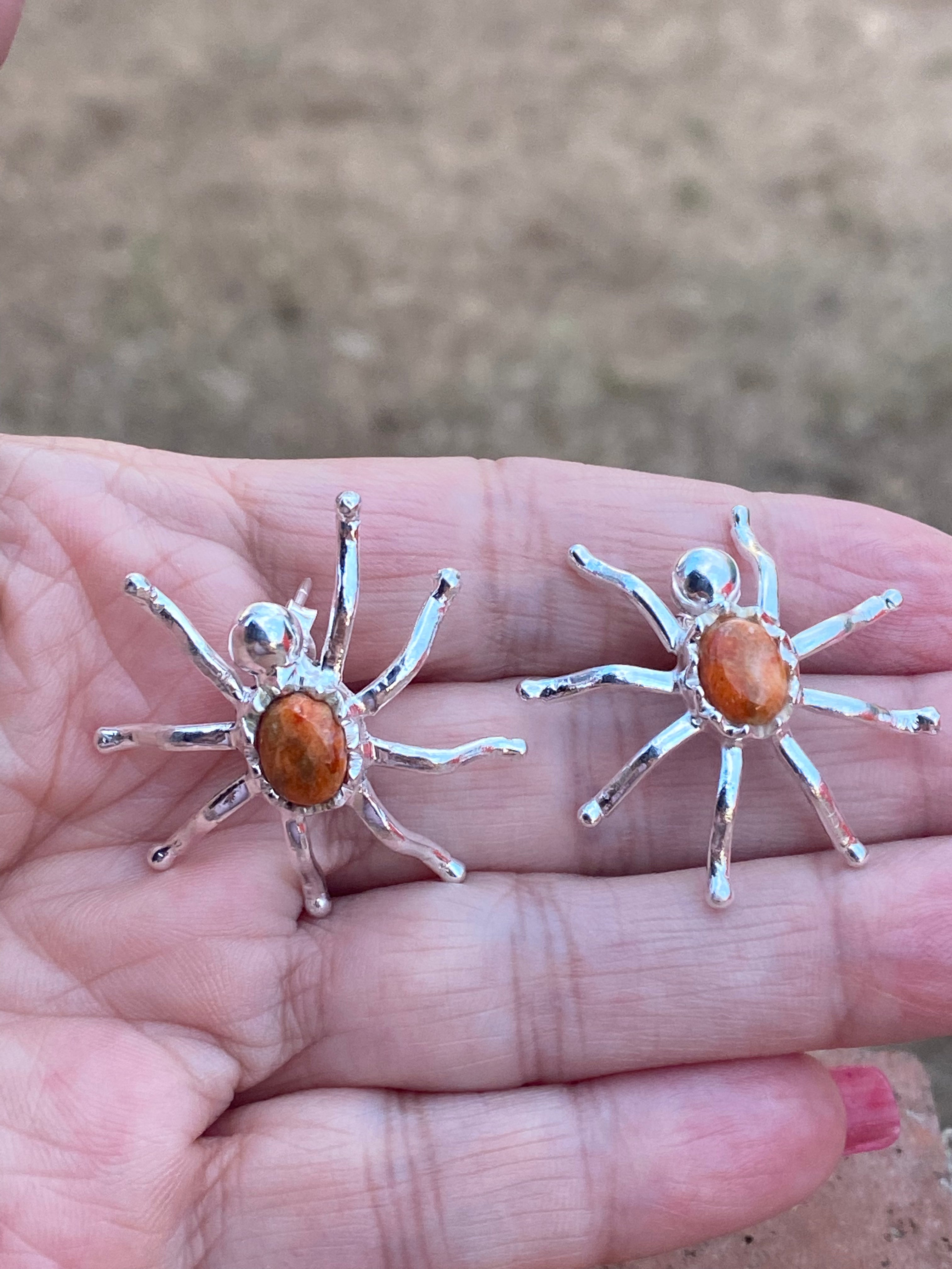 Natural Orange Mojave & Sterling Silver Spider Stud Earrings