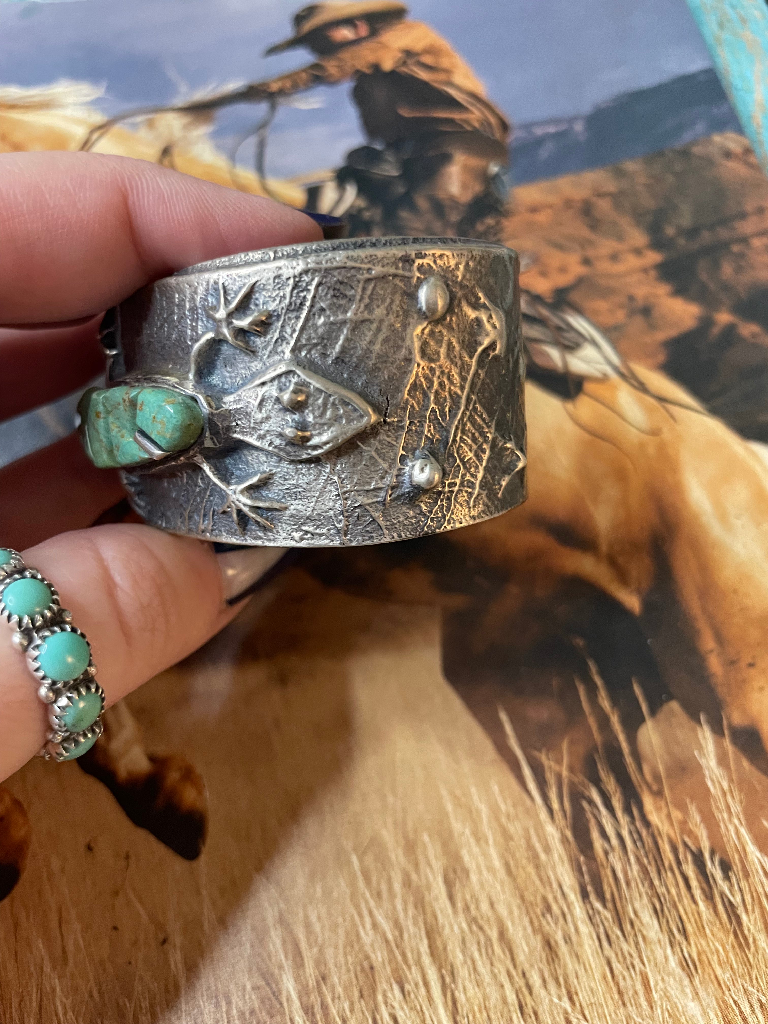 Navajo Turquoise & Sterling Silver Statement Lizard Cuff Bracelet