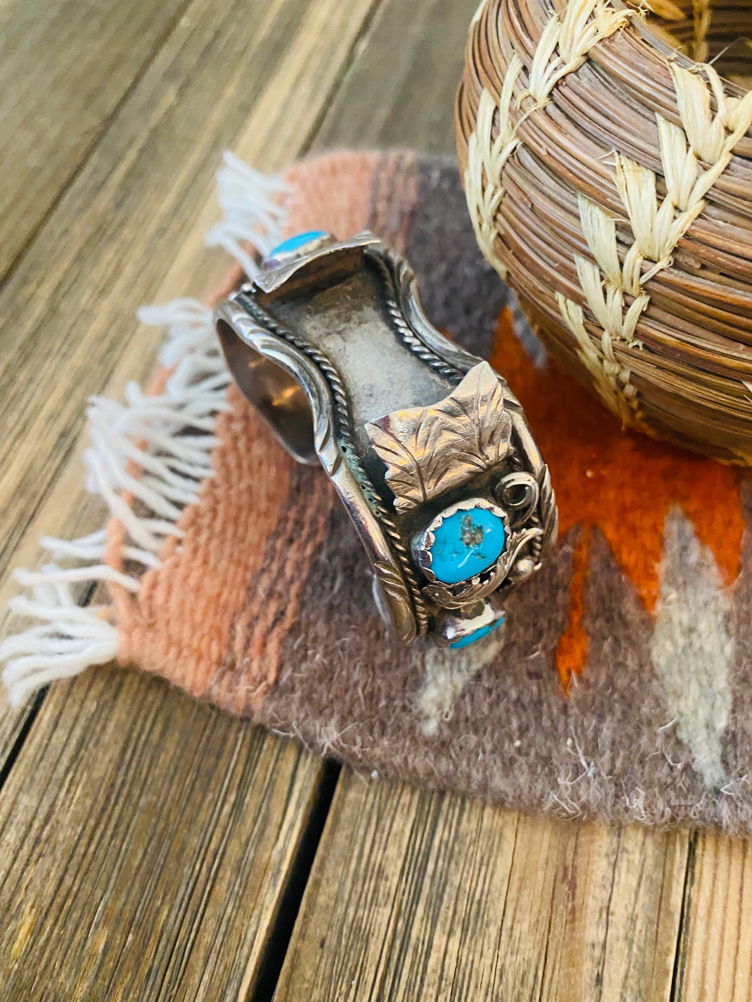 Old Pawn Vintage Navajo Kingman Turquoise & Sterling Silver Watch Cuff