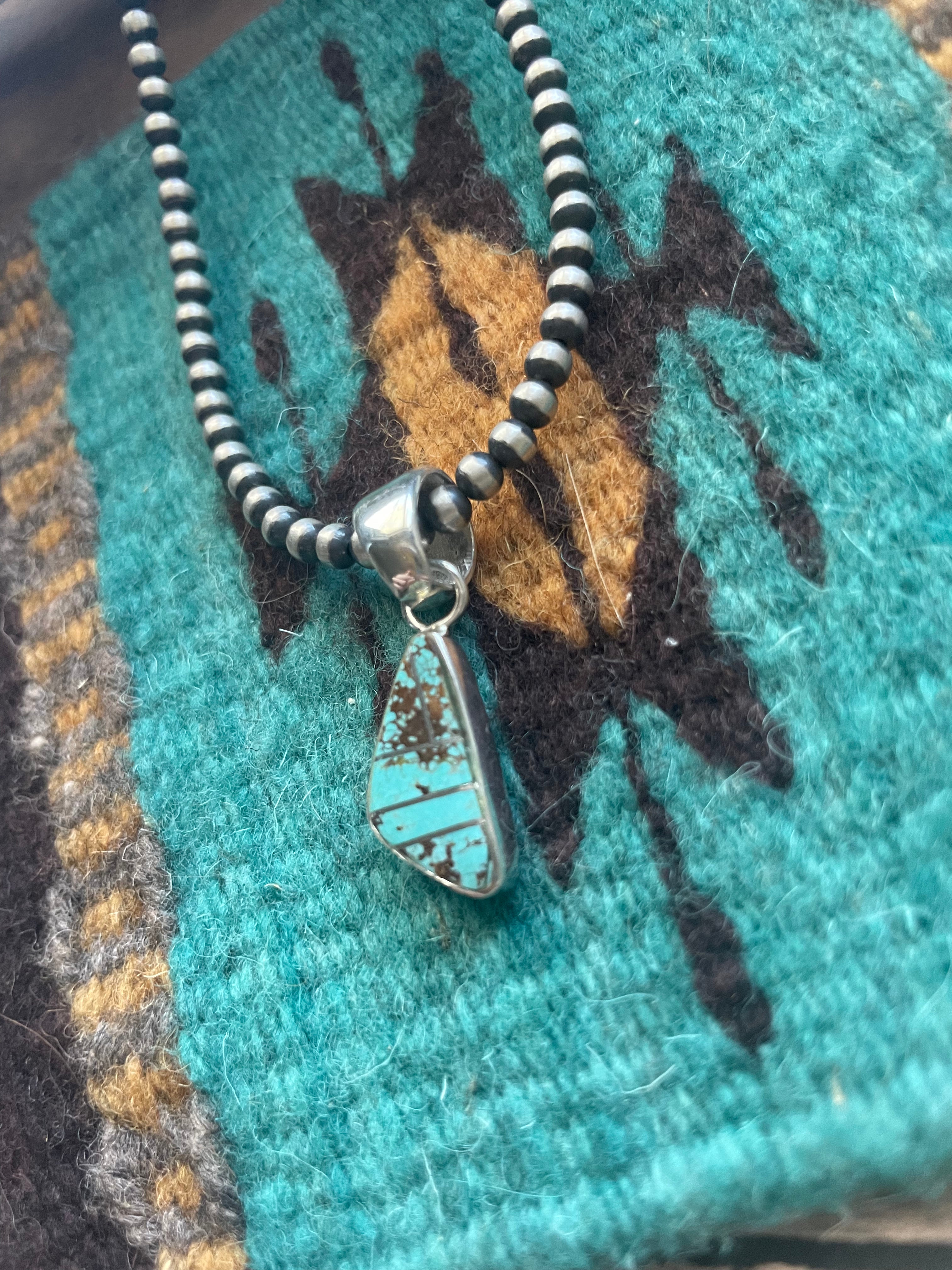 Navajo Number 8 Turquoise Inlay & Sterling Silver Pendant Signed