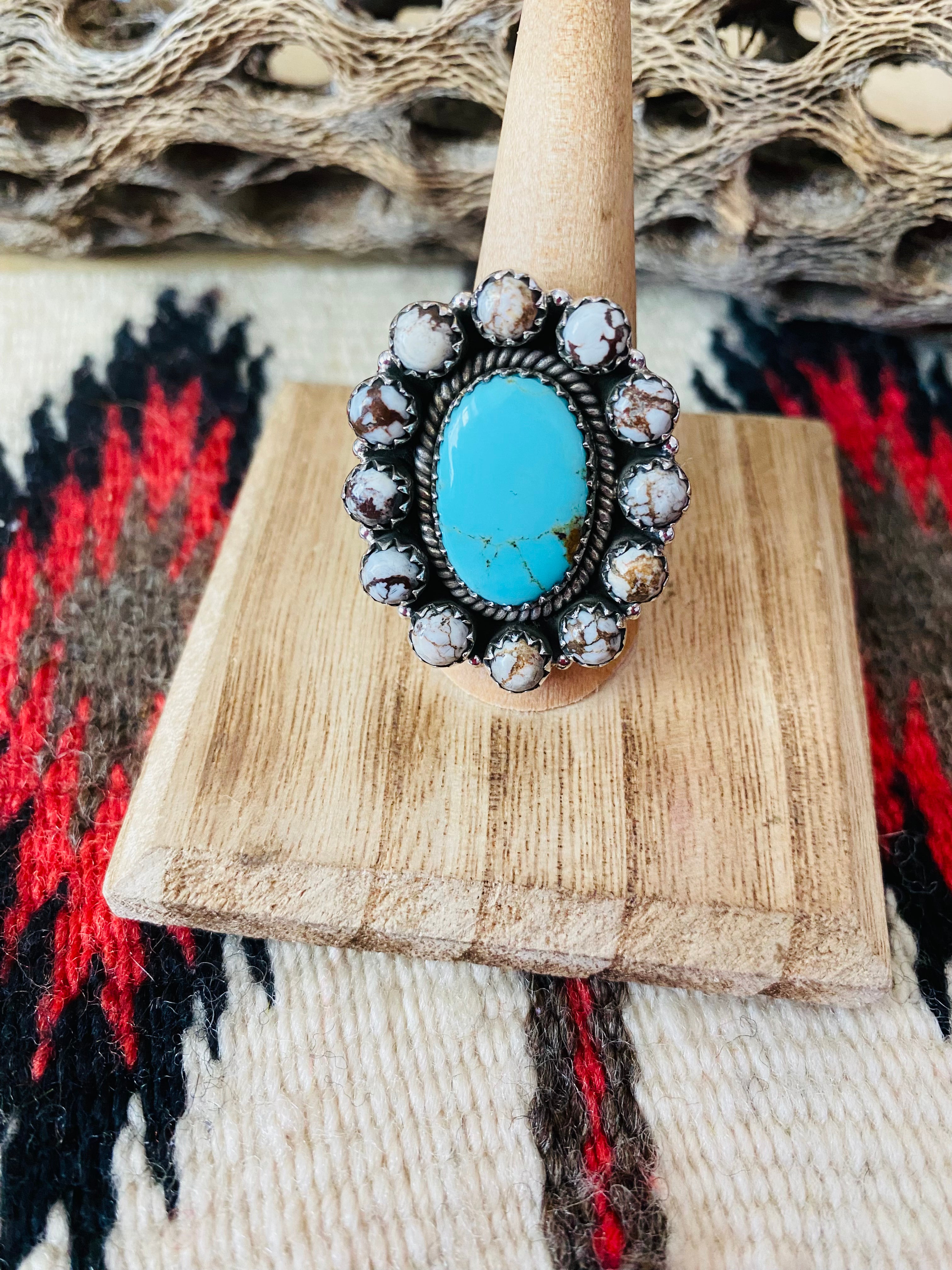 Handmade Sterling Silver, Wild Horse & Turquoise Cluster Adjustable Ring