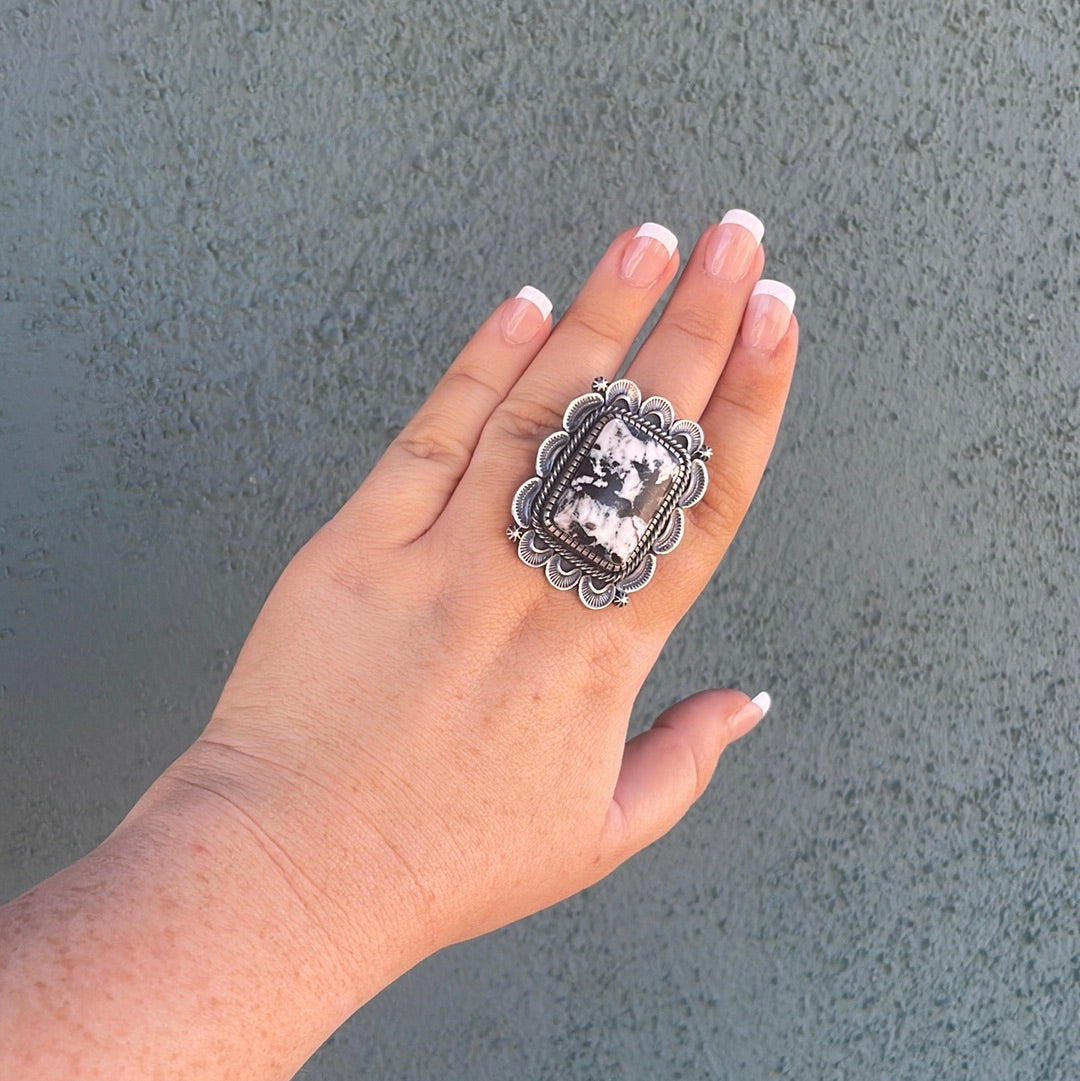 Navajo Sterling Silver & White Buffalo Statement Ring Size 10.5