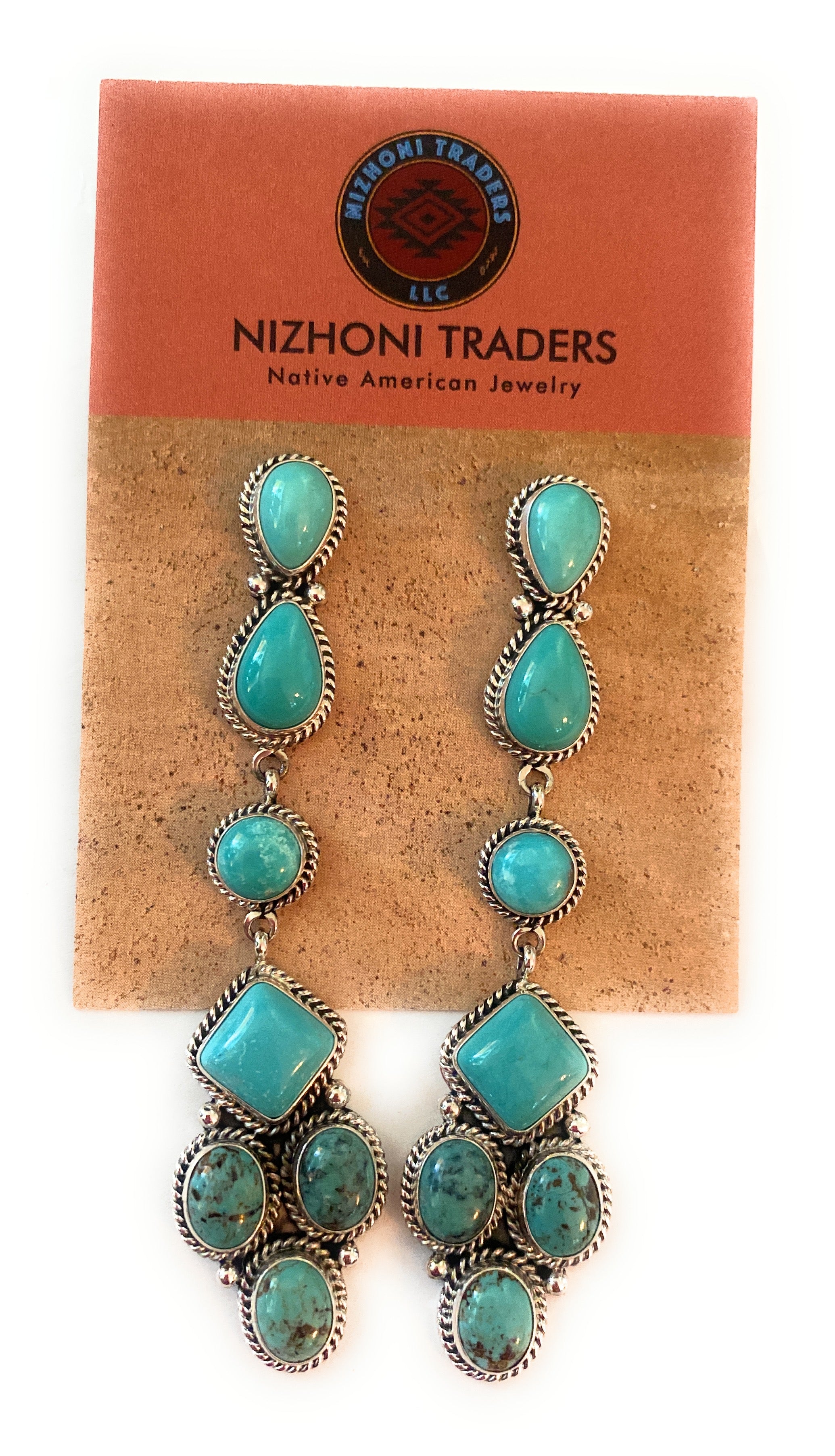 Navajo Sterling Silver & Natural Turquoise Dangle Earrings Signed