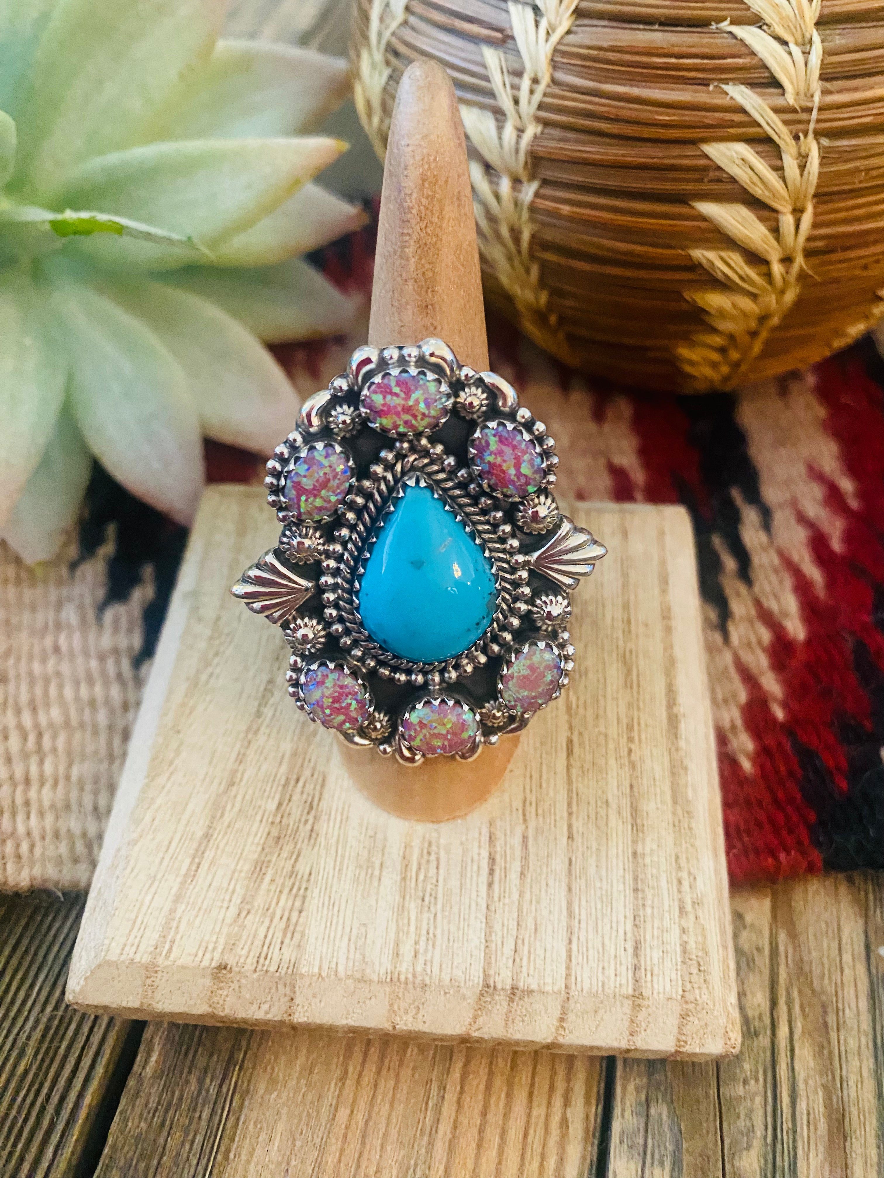 Handmade Sterling Silver, Turquoise & Opal Cluster Adjustable Ring