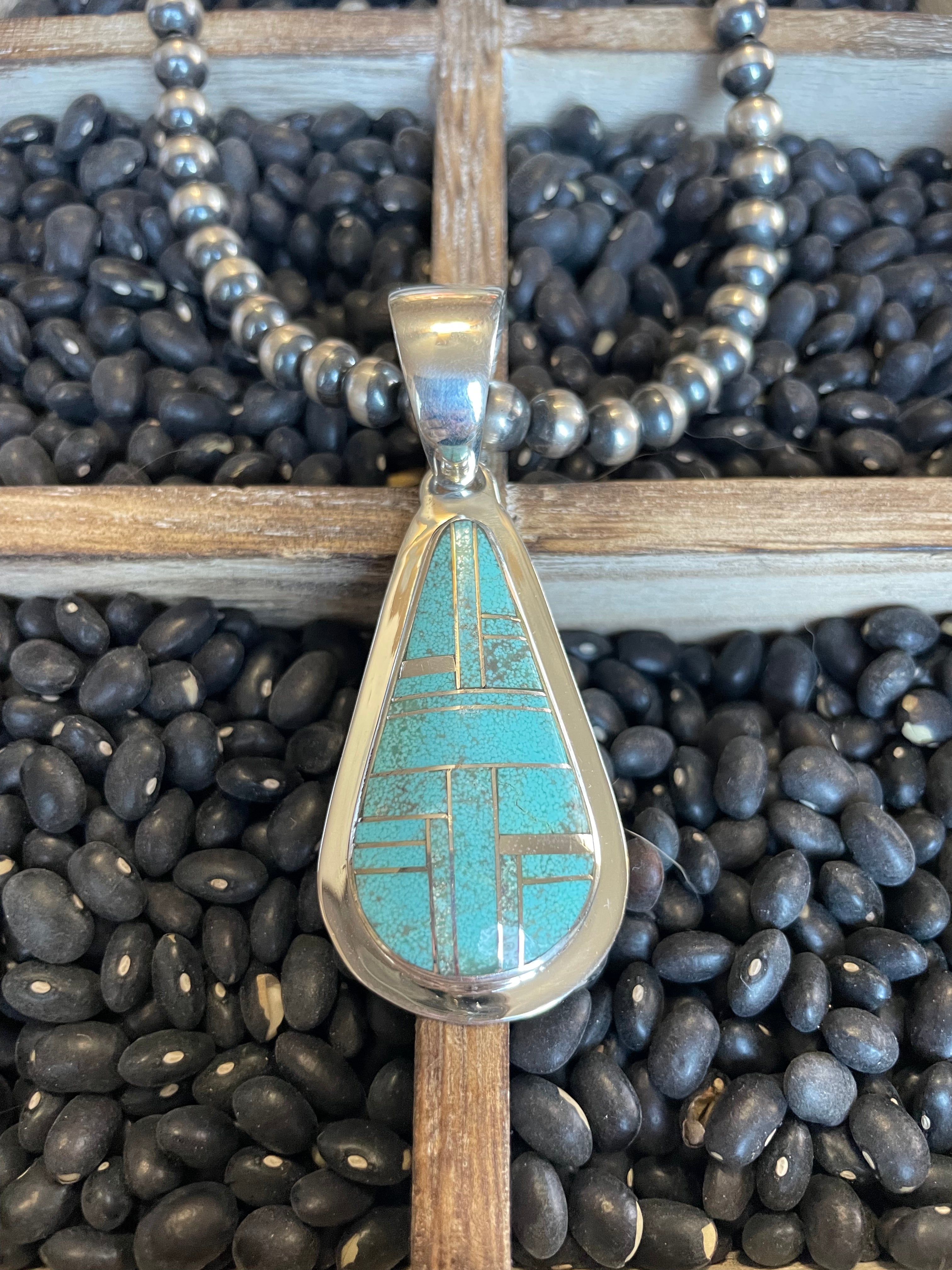 Navajo Number 8 Turquoise Inlay & Sterling Silver Pendant Signed