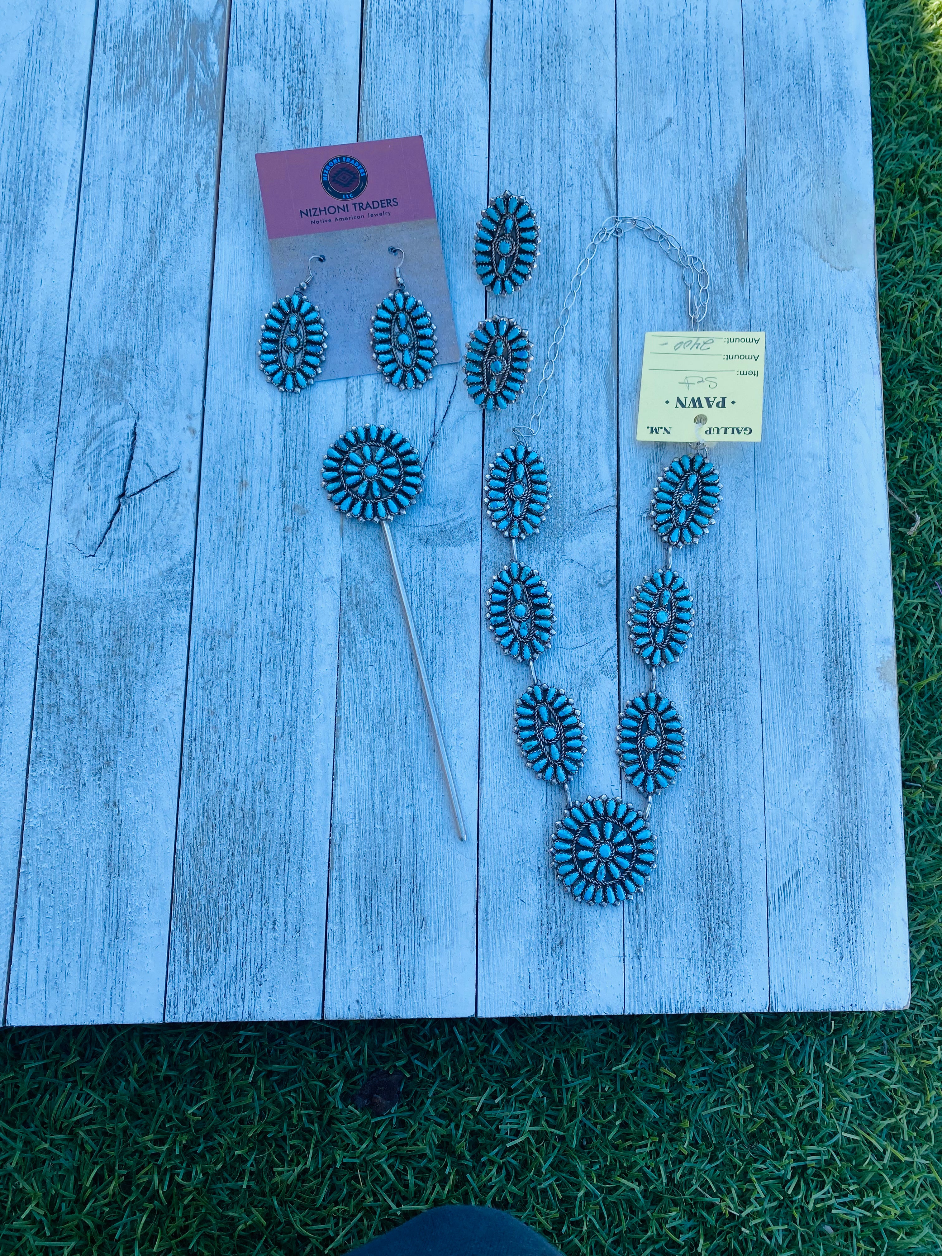 Vintage Navajo Turquoise And Sterling Silver Cluster 5 Piece Set