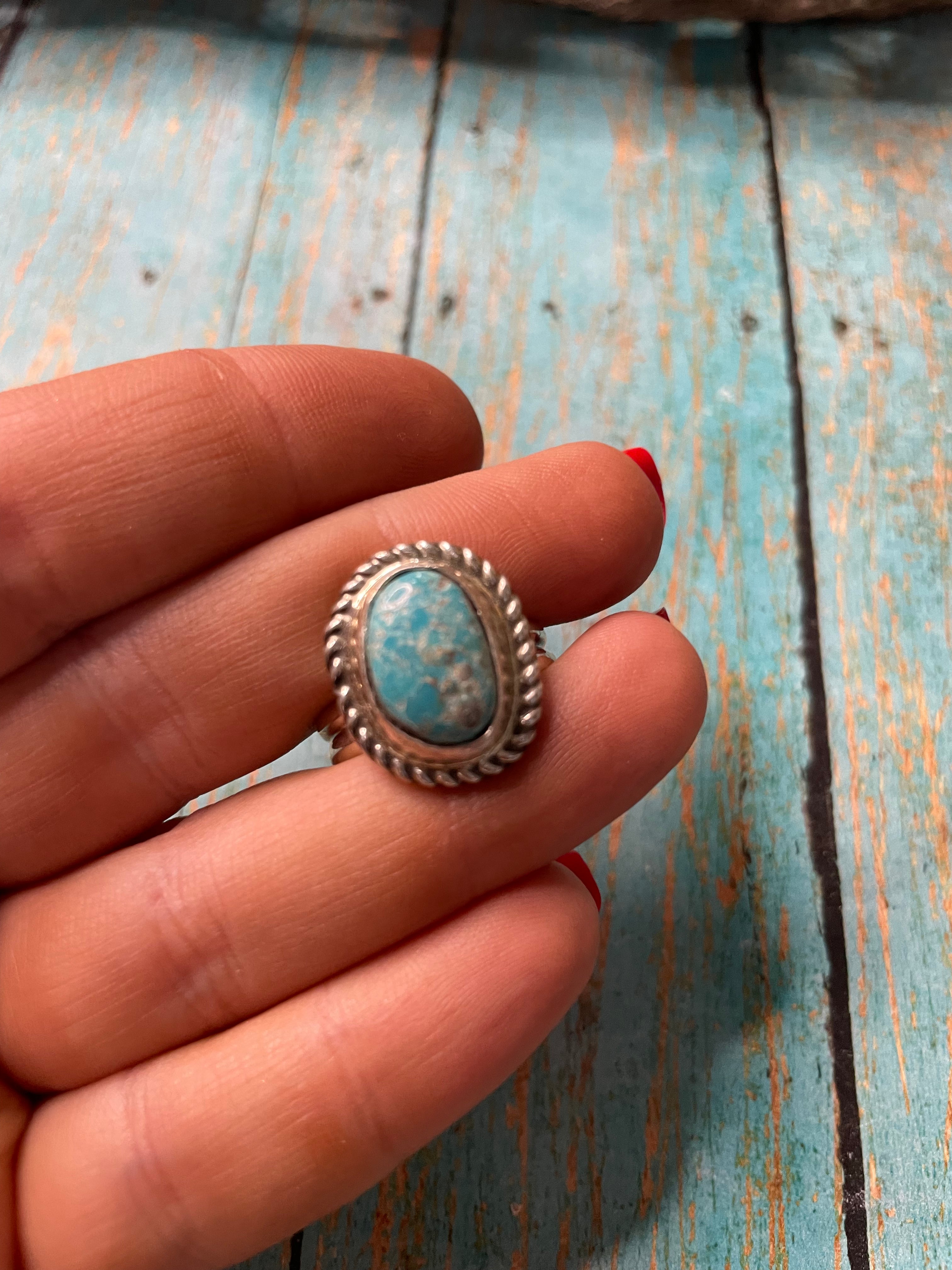 Old Pawn Navajo Sterling Silver & Turquoise Ring Size 8.5