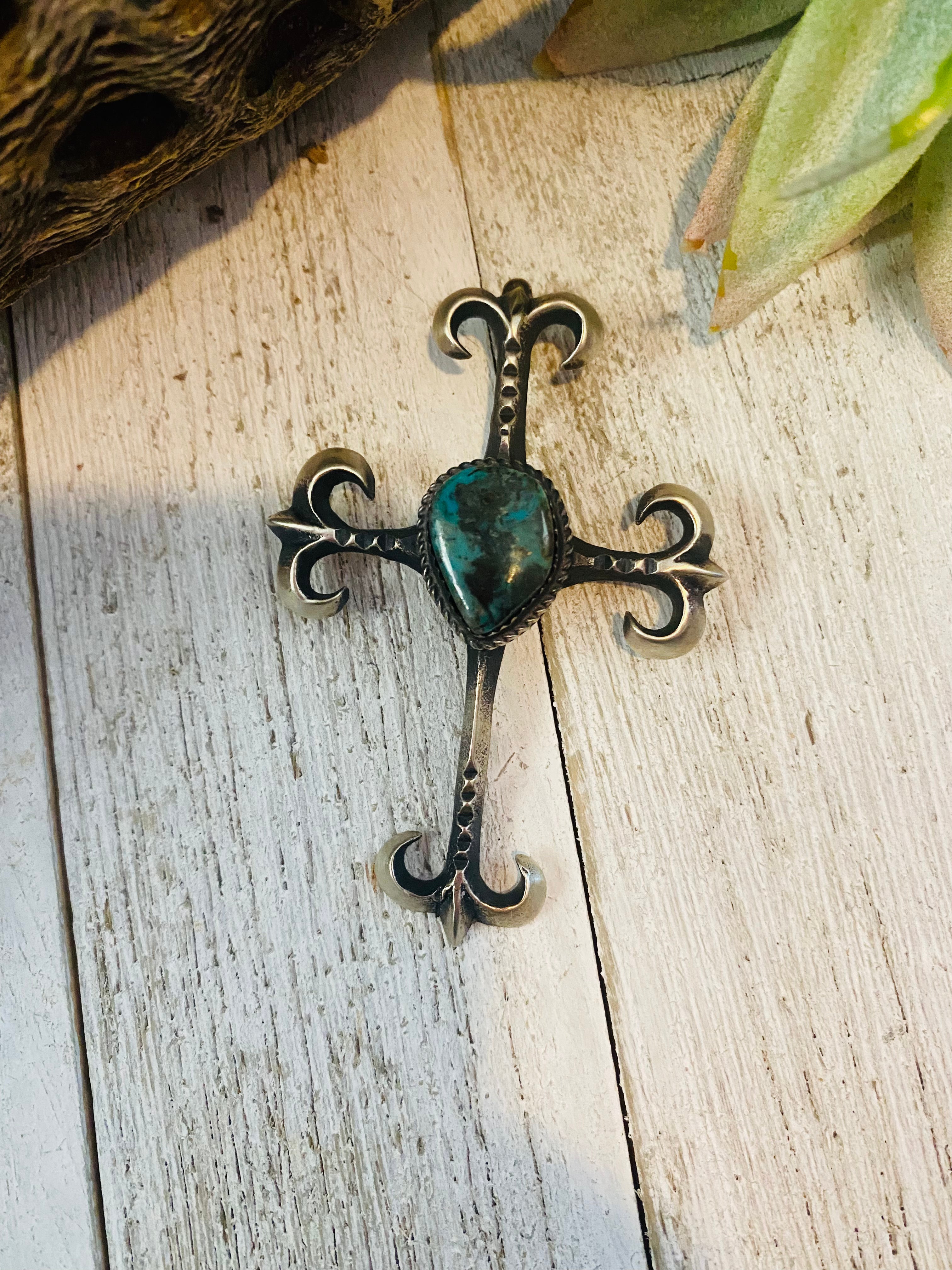 Navajo Sterling Silver & Royston Turquoise Cross Pendant By Martha Cayatineto