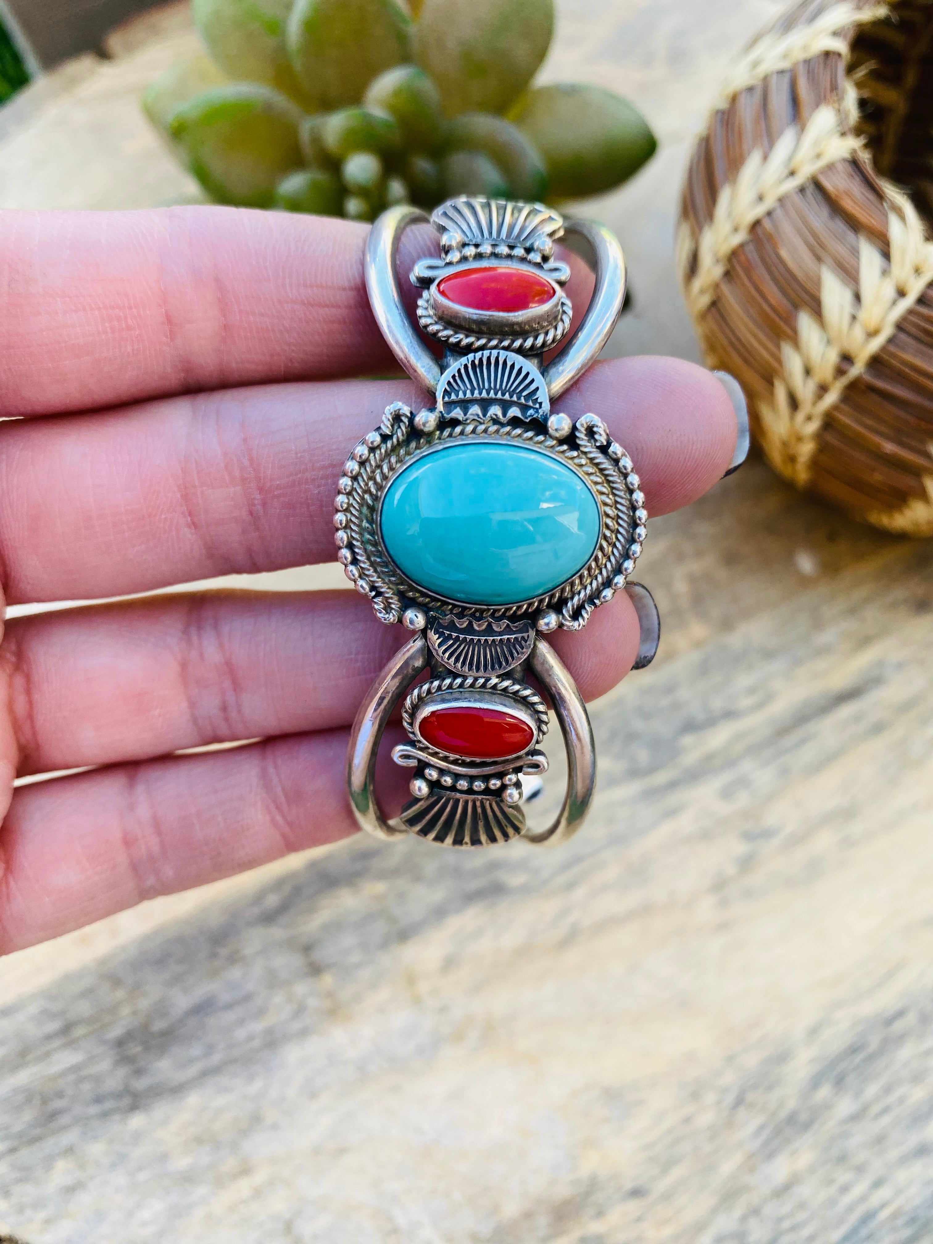 Vintage Navajo Turquoise, Coral & Sterling Silver Cuff Bracelet Signed