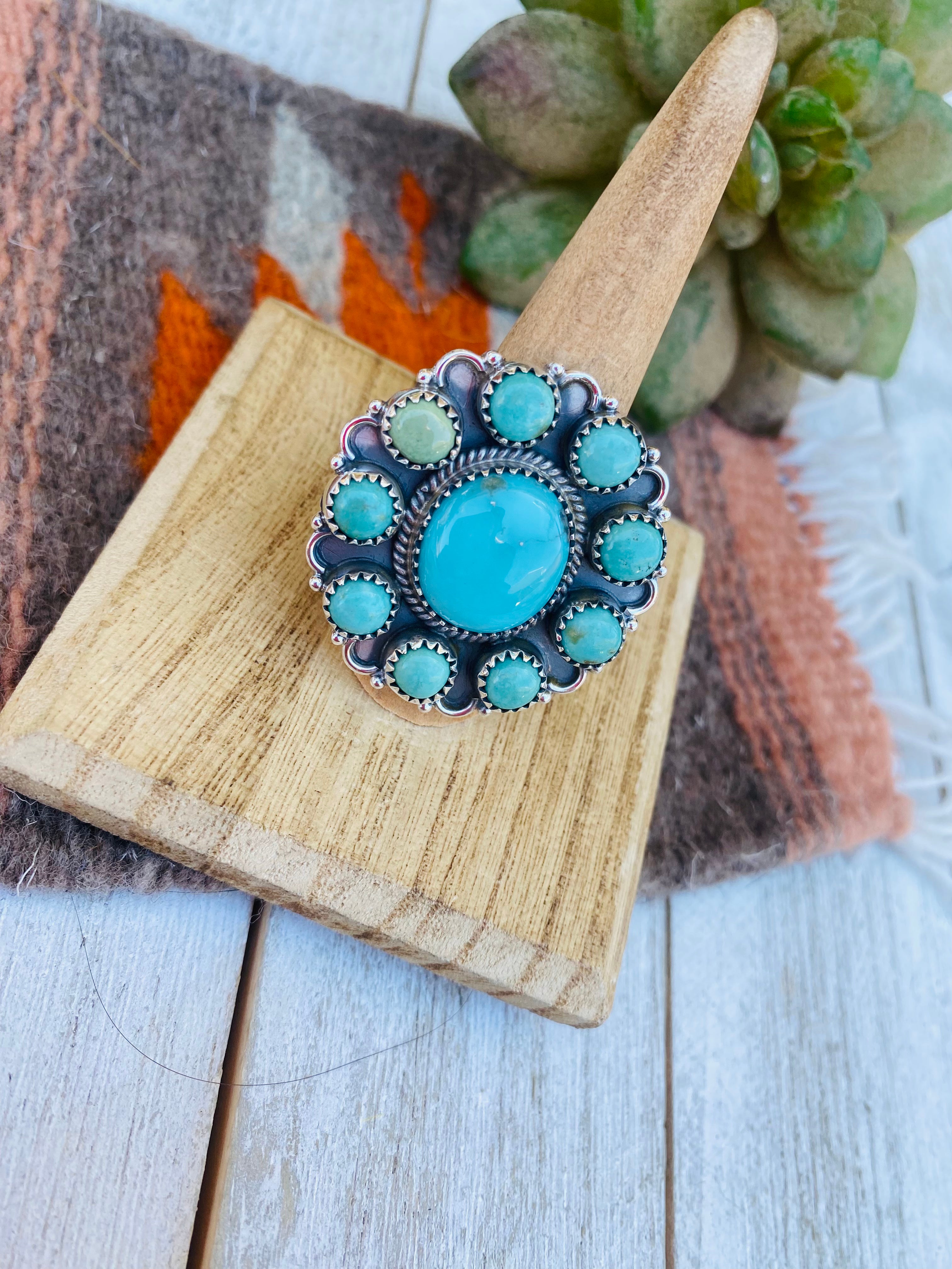 Handmade Sterling Silver & Turquoise Cluster Adjustable Ring