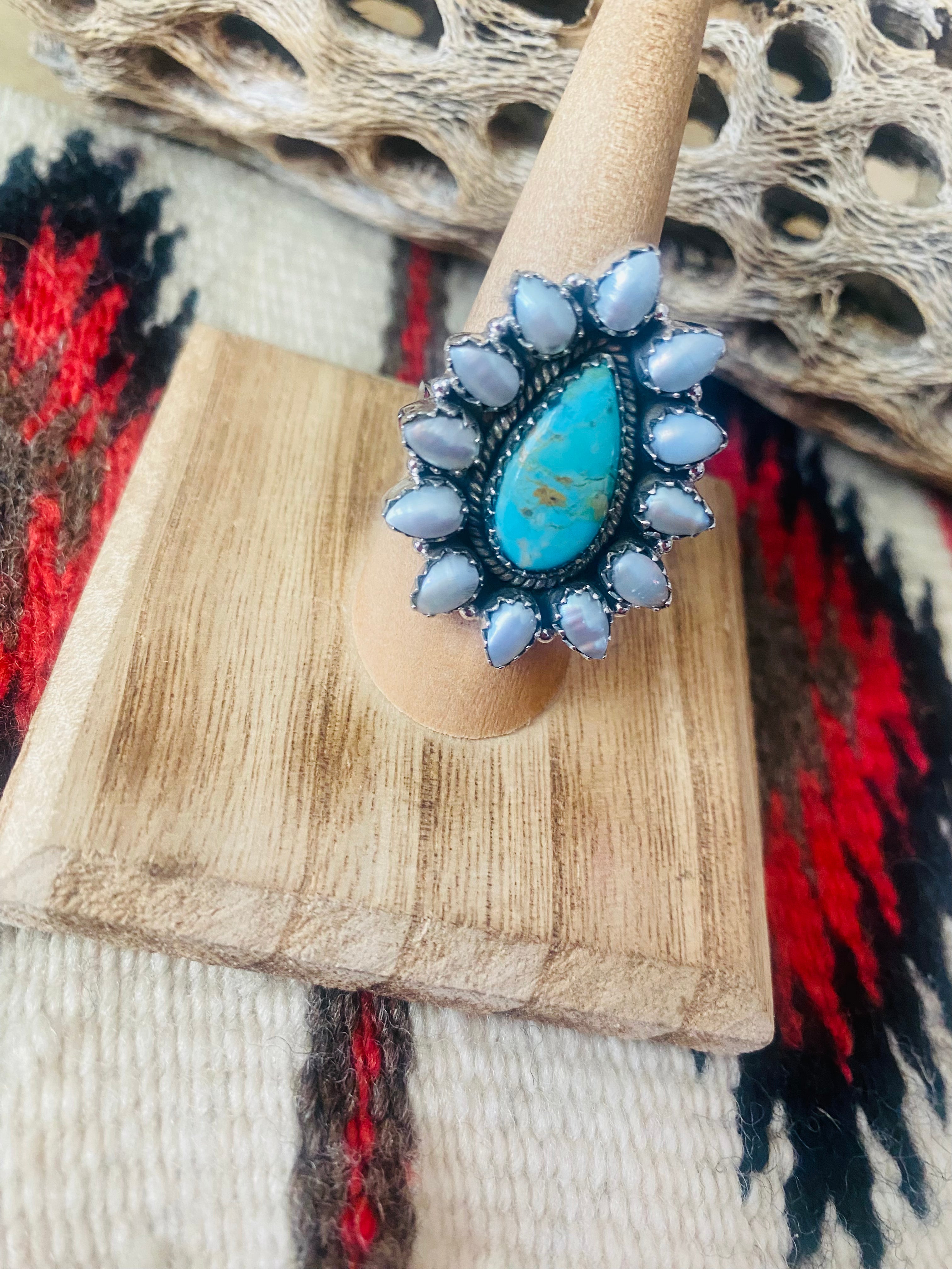 Handmade Sterling Silver, Turquoise & Pearl Cluster Adjustable Ring