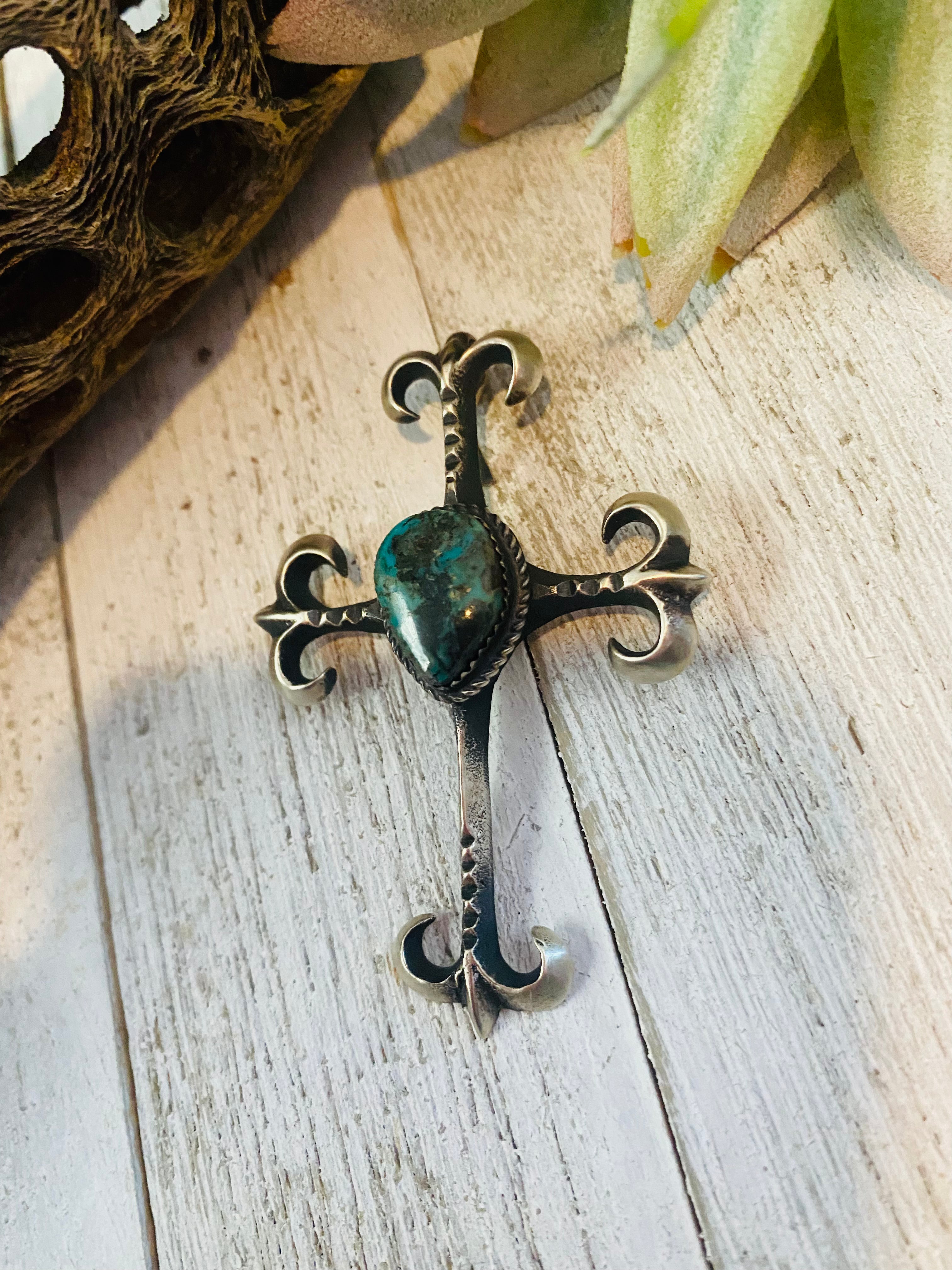 Navajo Sterling Silver & Royston Turquoise Cross Pendant By Martha Cayatineto