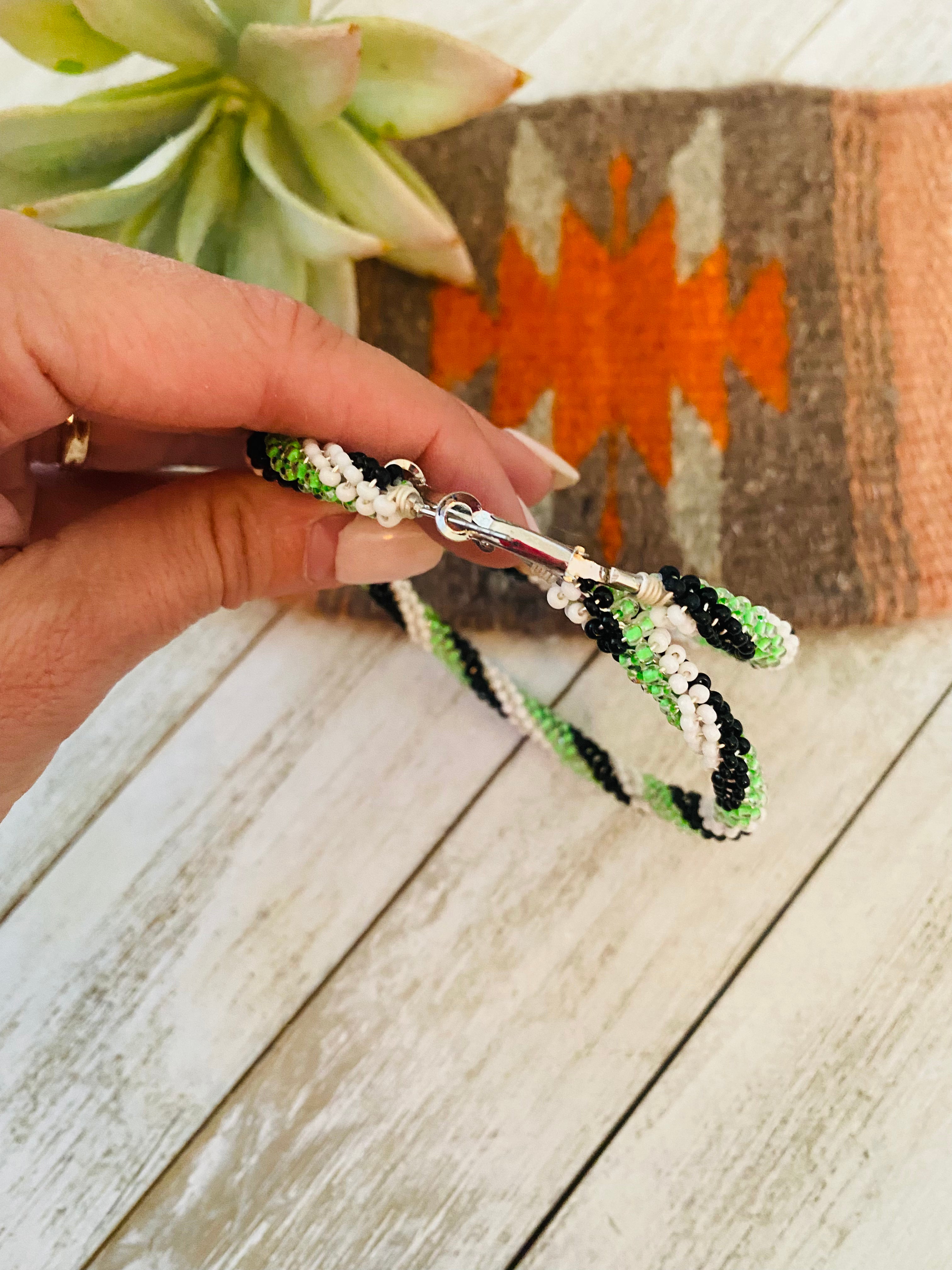 Navajo Handmade Beaded Hoop Earrings- green/black