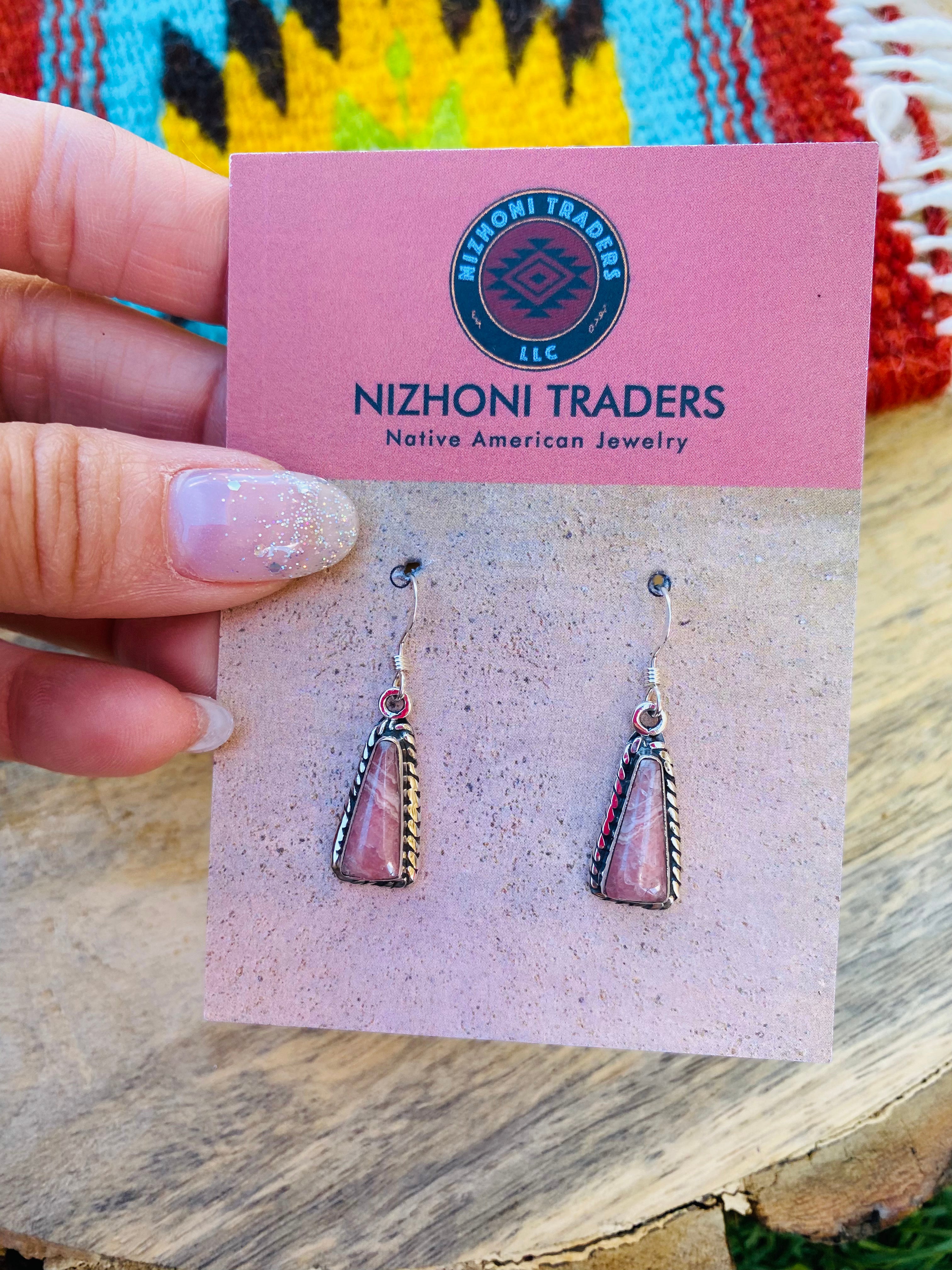 Navajo Sterling Silver & Rhodochrosite Dangle Earrings