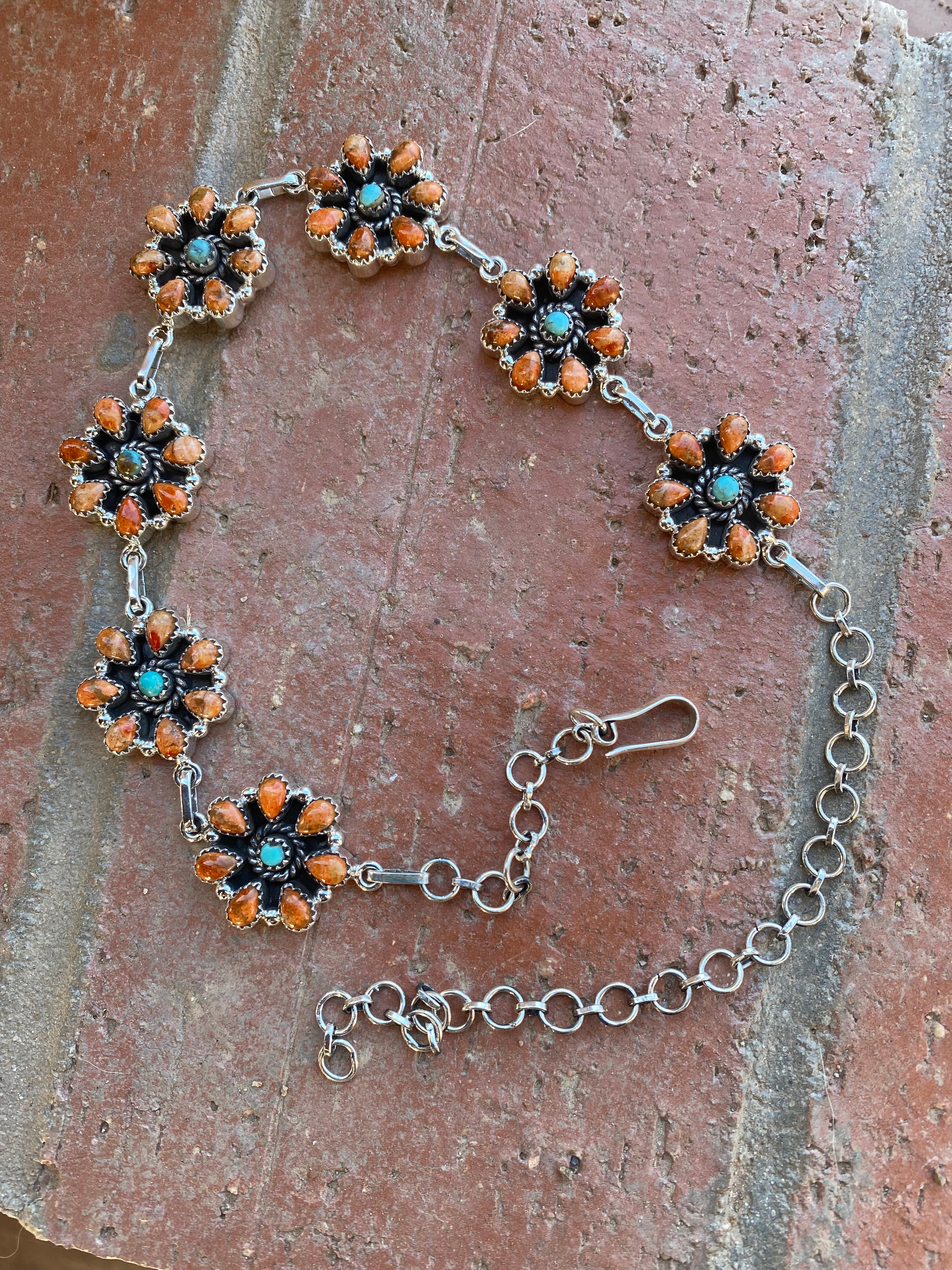 Hand Made Sterling Silver Orange Spiny & Royston Turquoise Choker Necklace