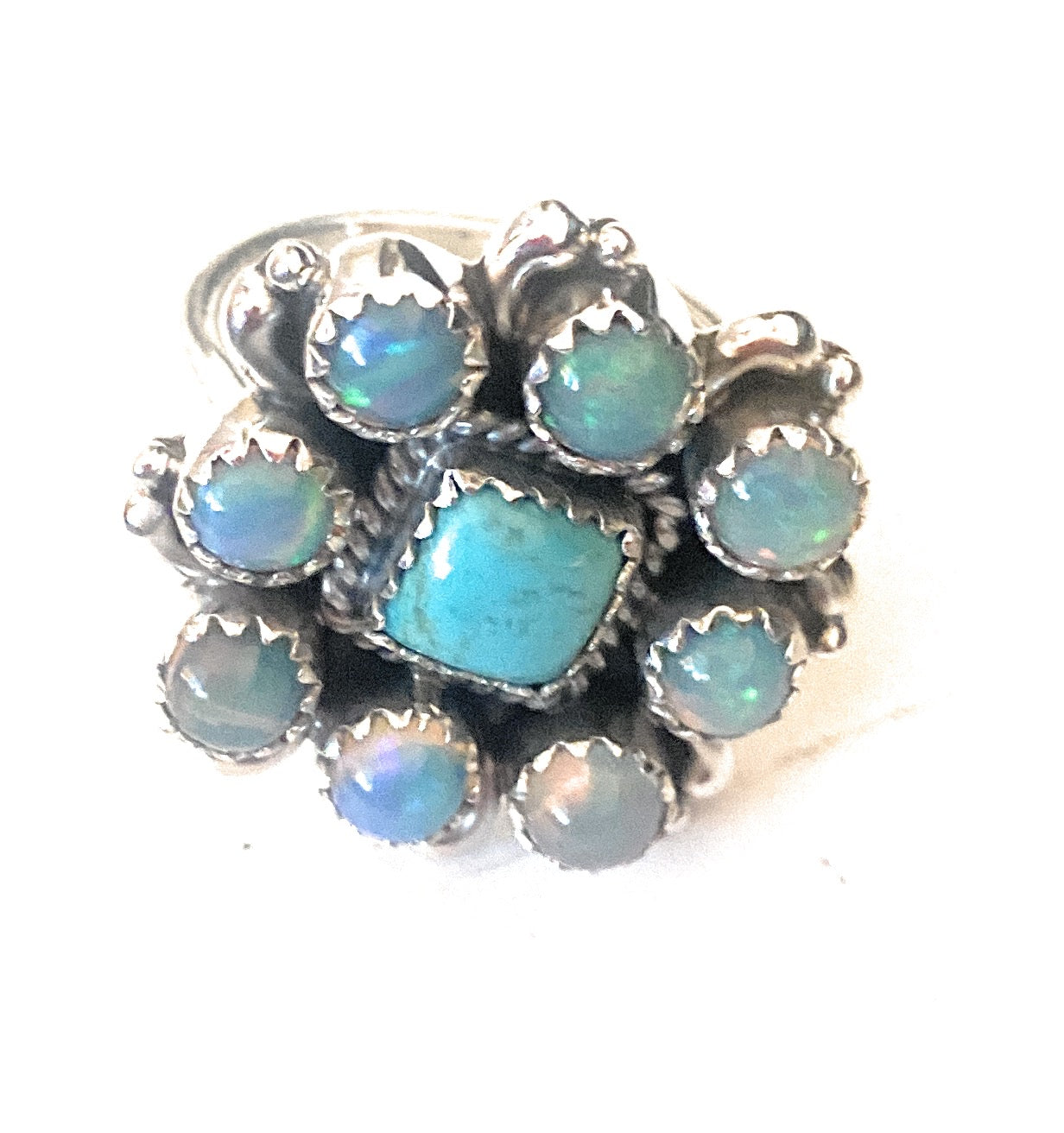 Handmade Sterling Silver, Turquoise & Opal Cluster Adjustable Ring