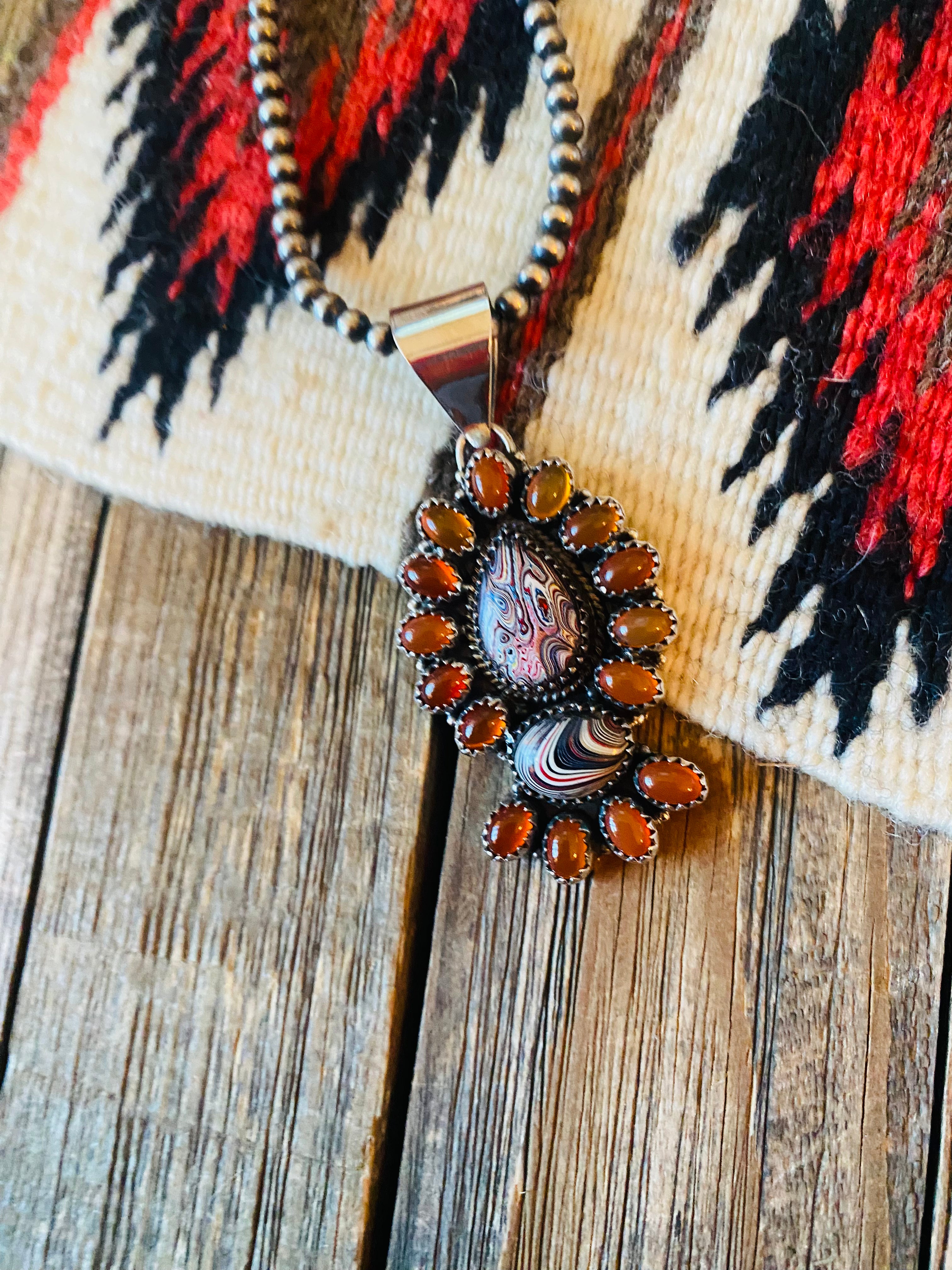 Handmade Sterling Silver, Fordite & Garnet Cluster Pendant