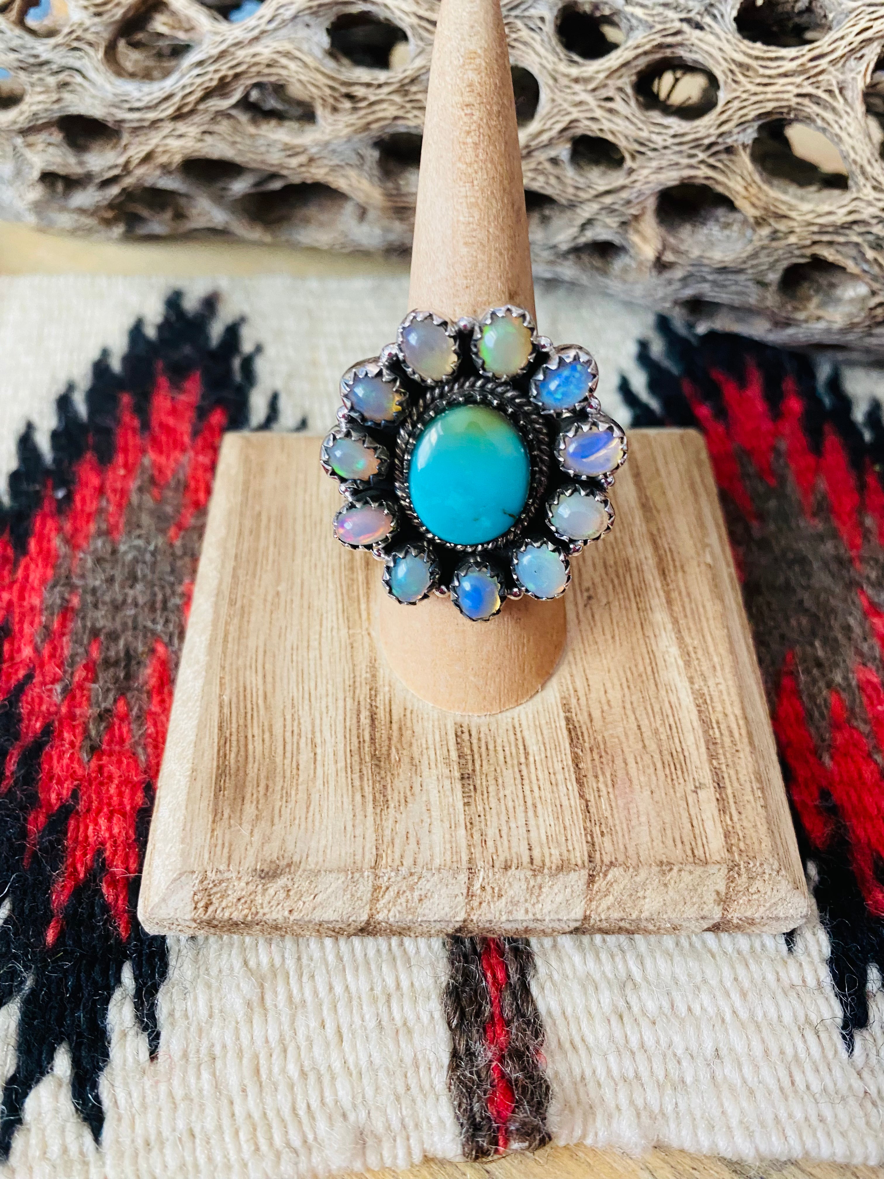 Handmade Sterling Silver, Turquoise & Opal Cluster Adjustable Ring