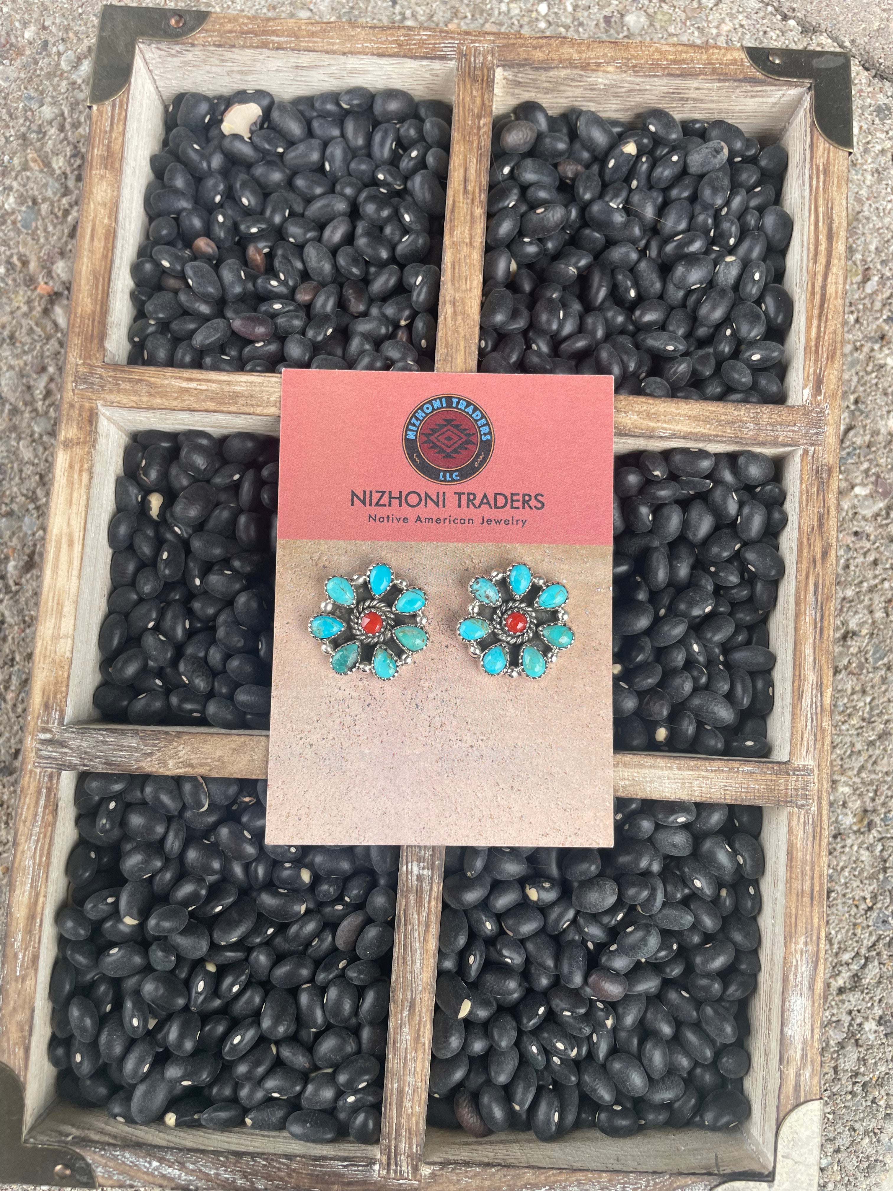 Handmade Turquoise & Coral Post Earrings Signed Nizhoni