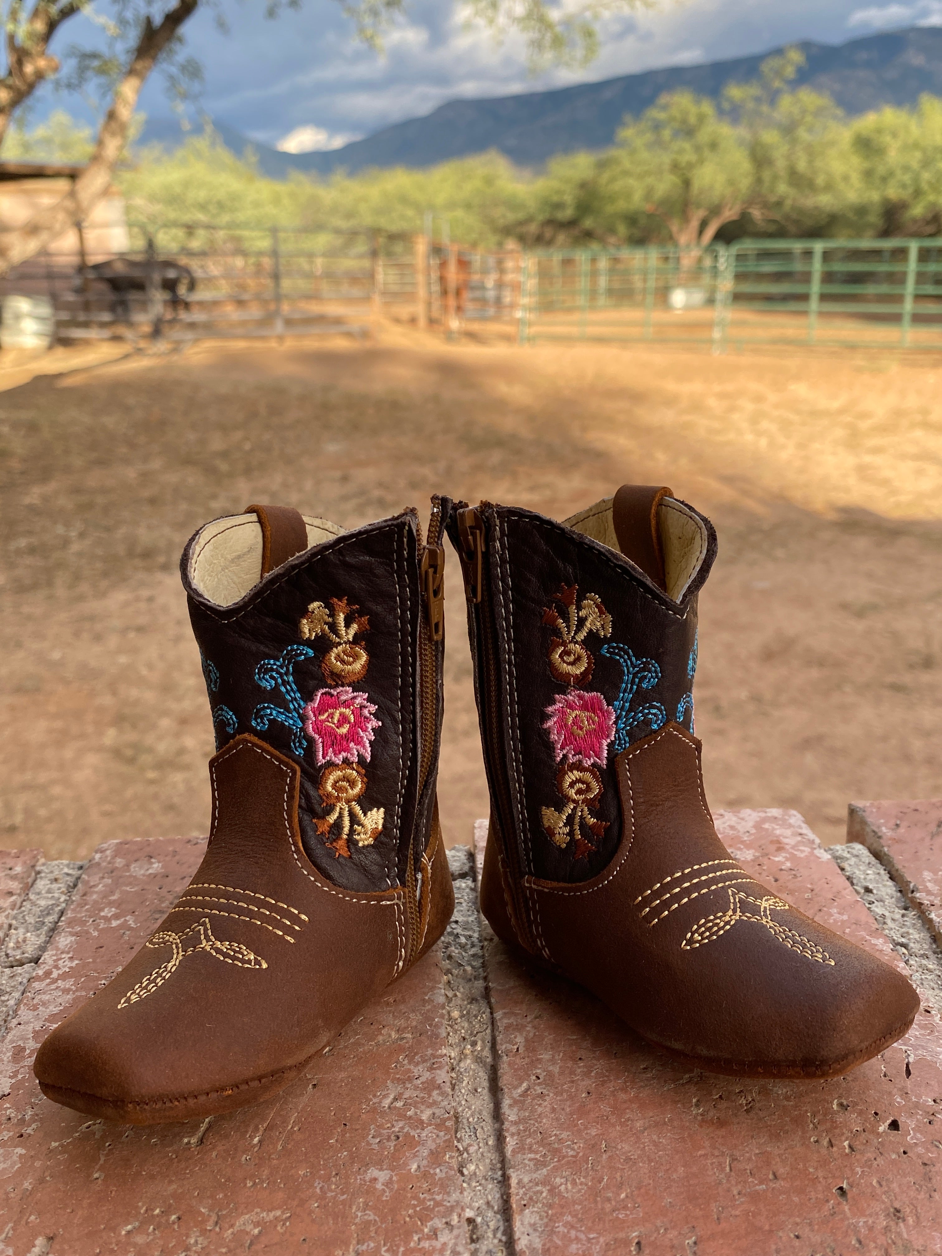 Western Leather infant Baby Boots Dark Brown & Flowered