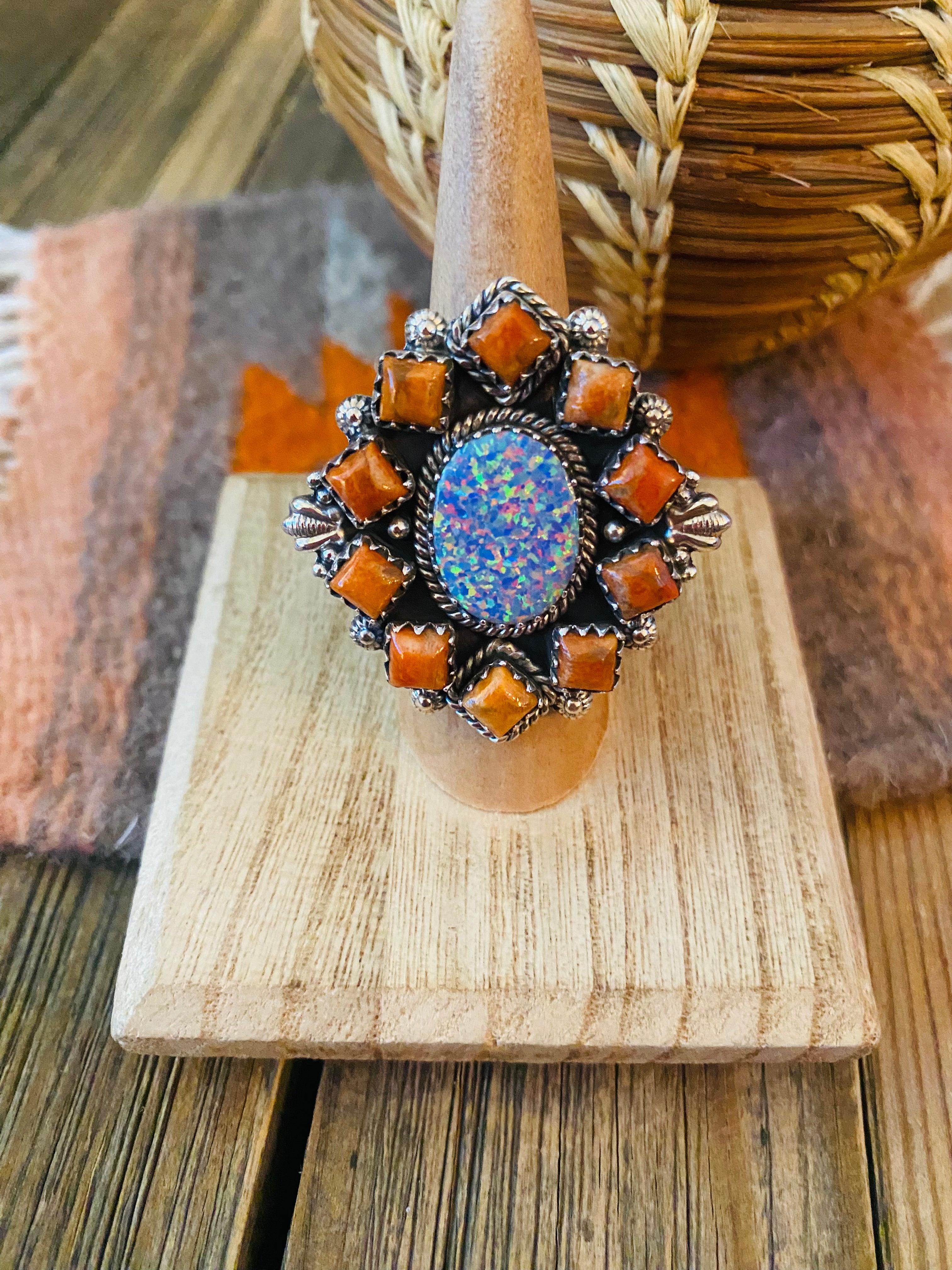 Handmade Sterling Silver, Orange Mojave & Opal Cluster Adjustable Ring