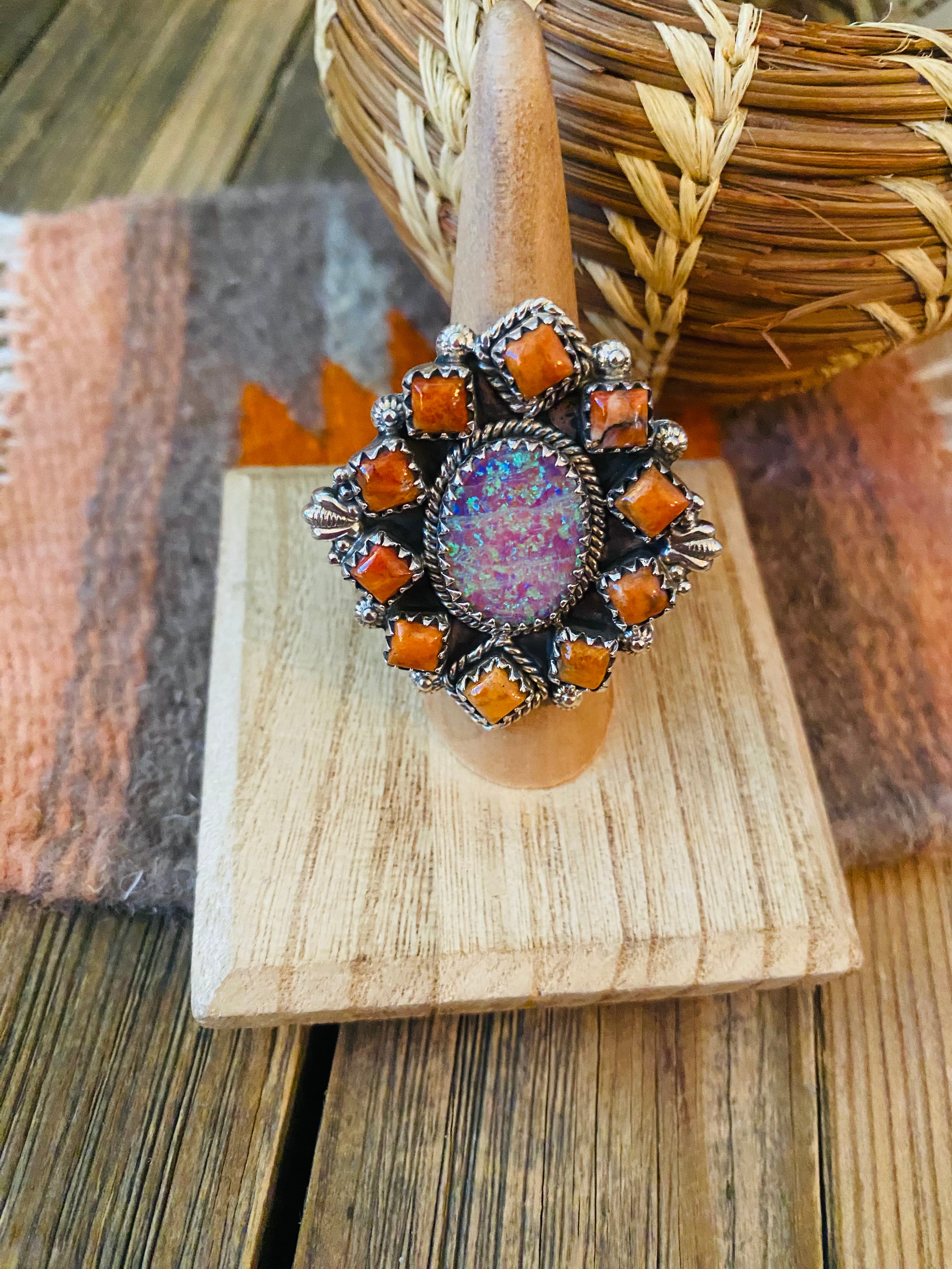 Handmade Sterling Silver, Orange Mojave & Opal Cluster Adjustable Ring