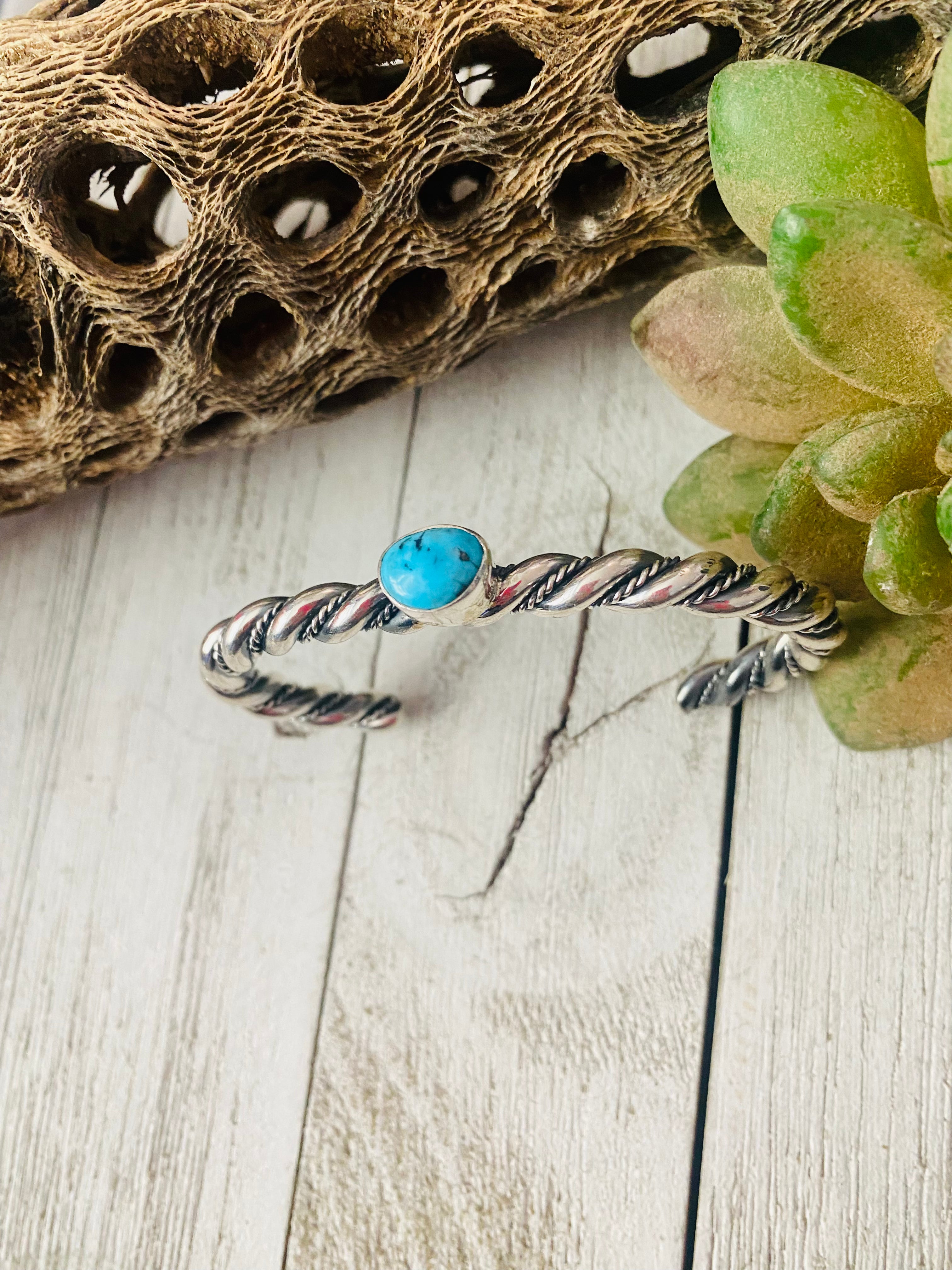 Navajo Twisted Sterling Silver & Kingman Turquoise Cuff Bracelet