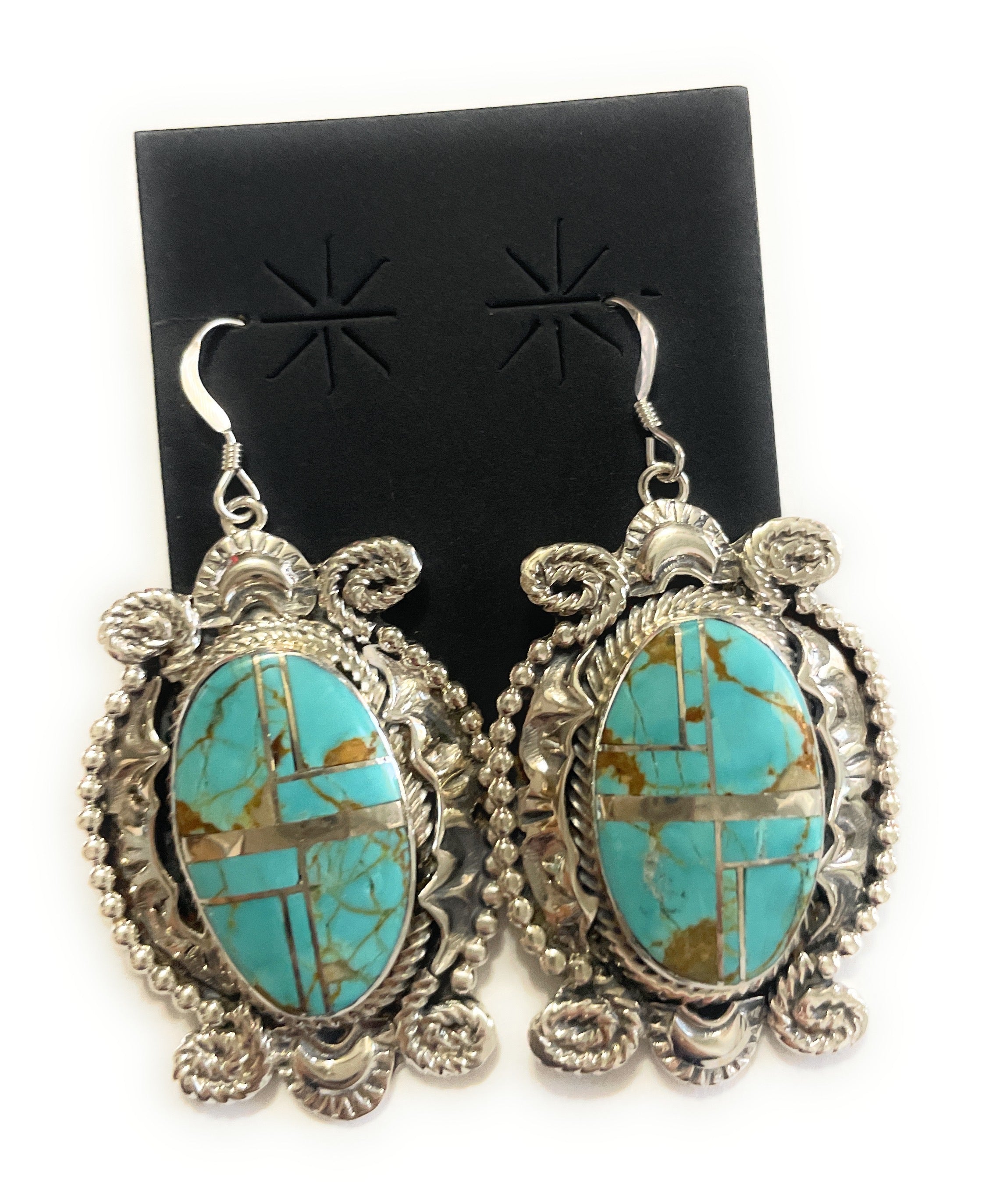 Navajo Number 8 Turquoise & Sterling Silver Dangle Earrings Signed