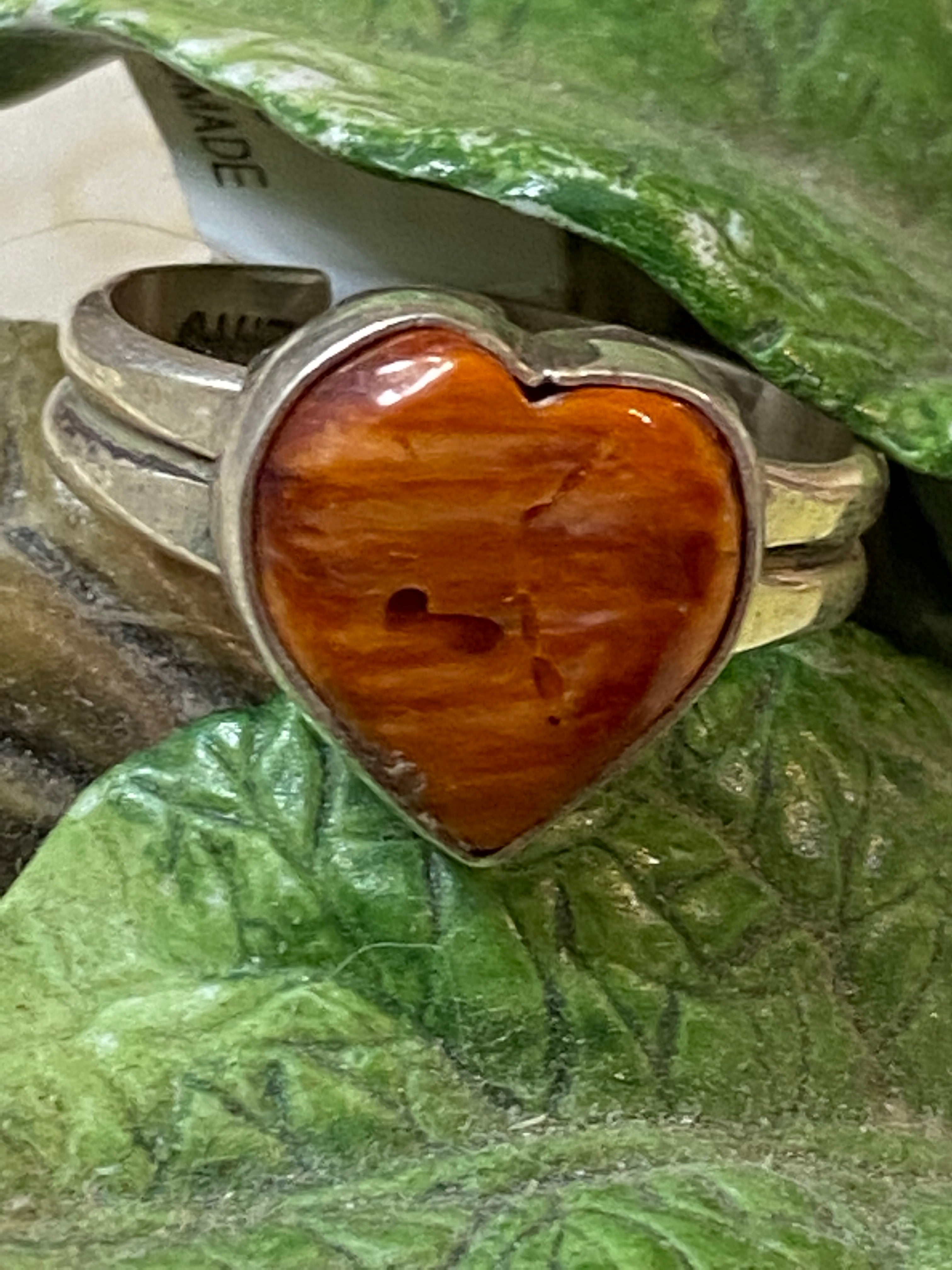 Navajo Orange Spiny Sterling Heart Ring 11