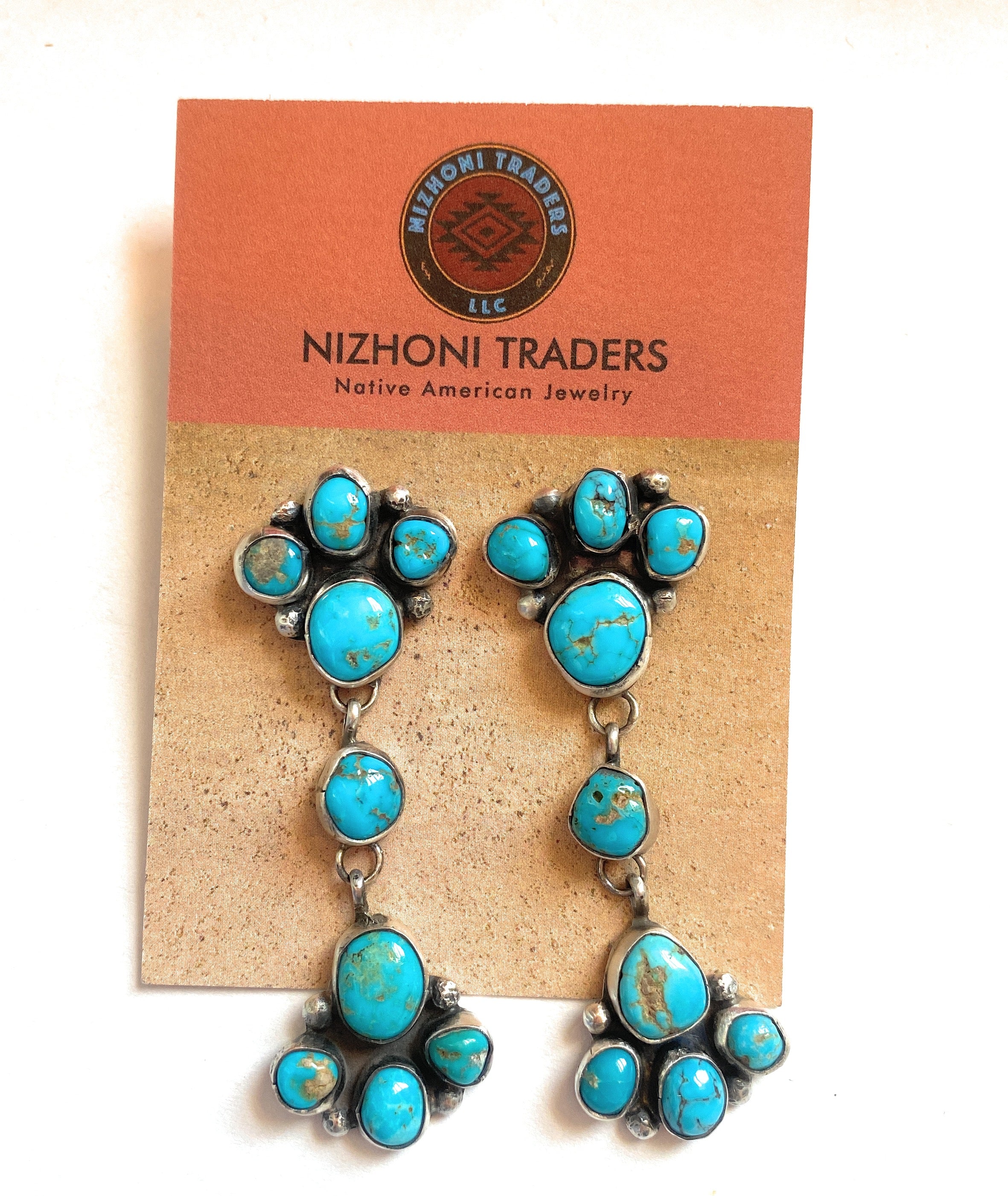 Navajo Sterling Silver & Kingman Turquoise Cluster Earrings