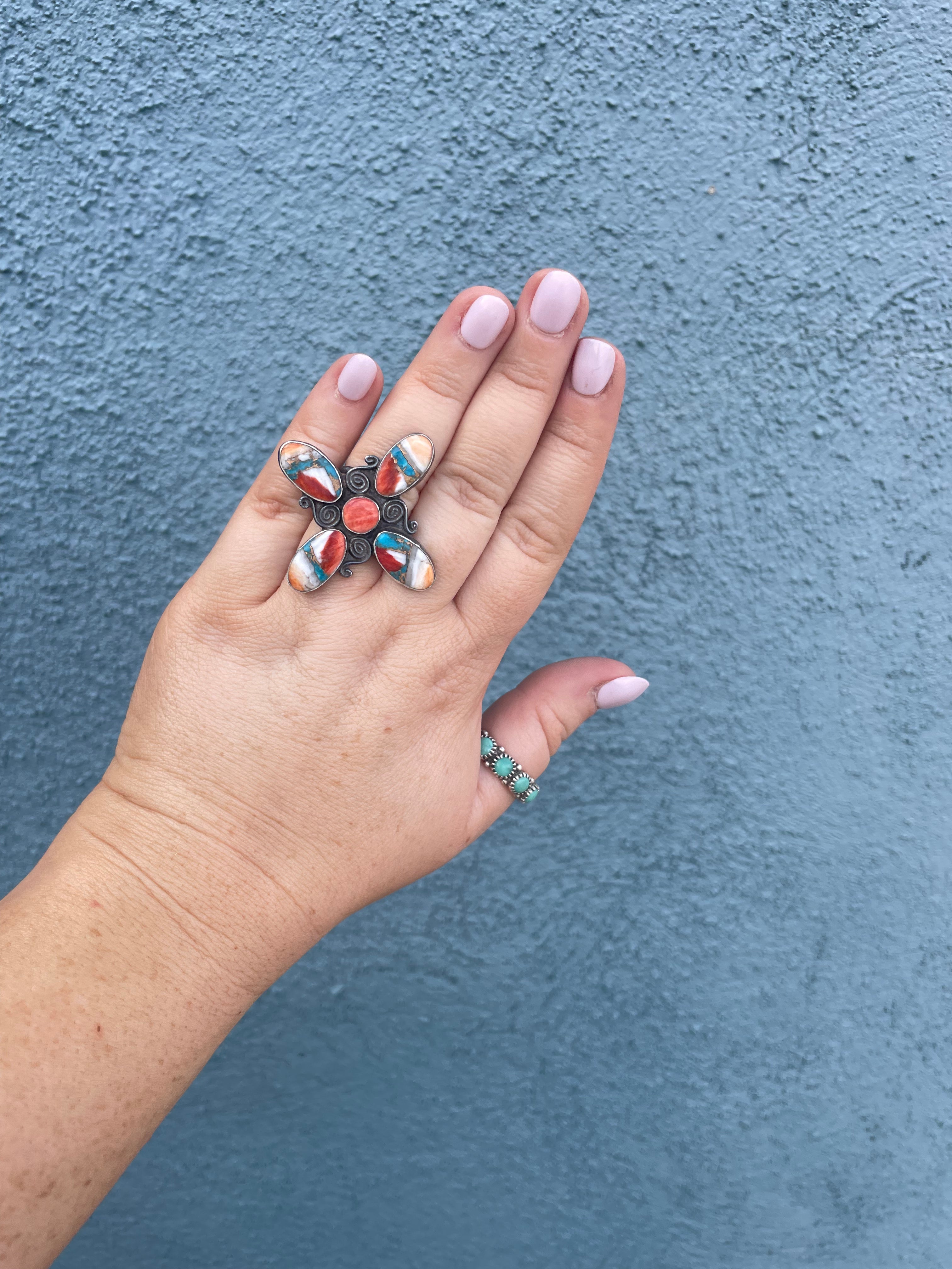 Navajo Spice & Sterling Silver Cross Ring Size 8.5