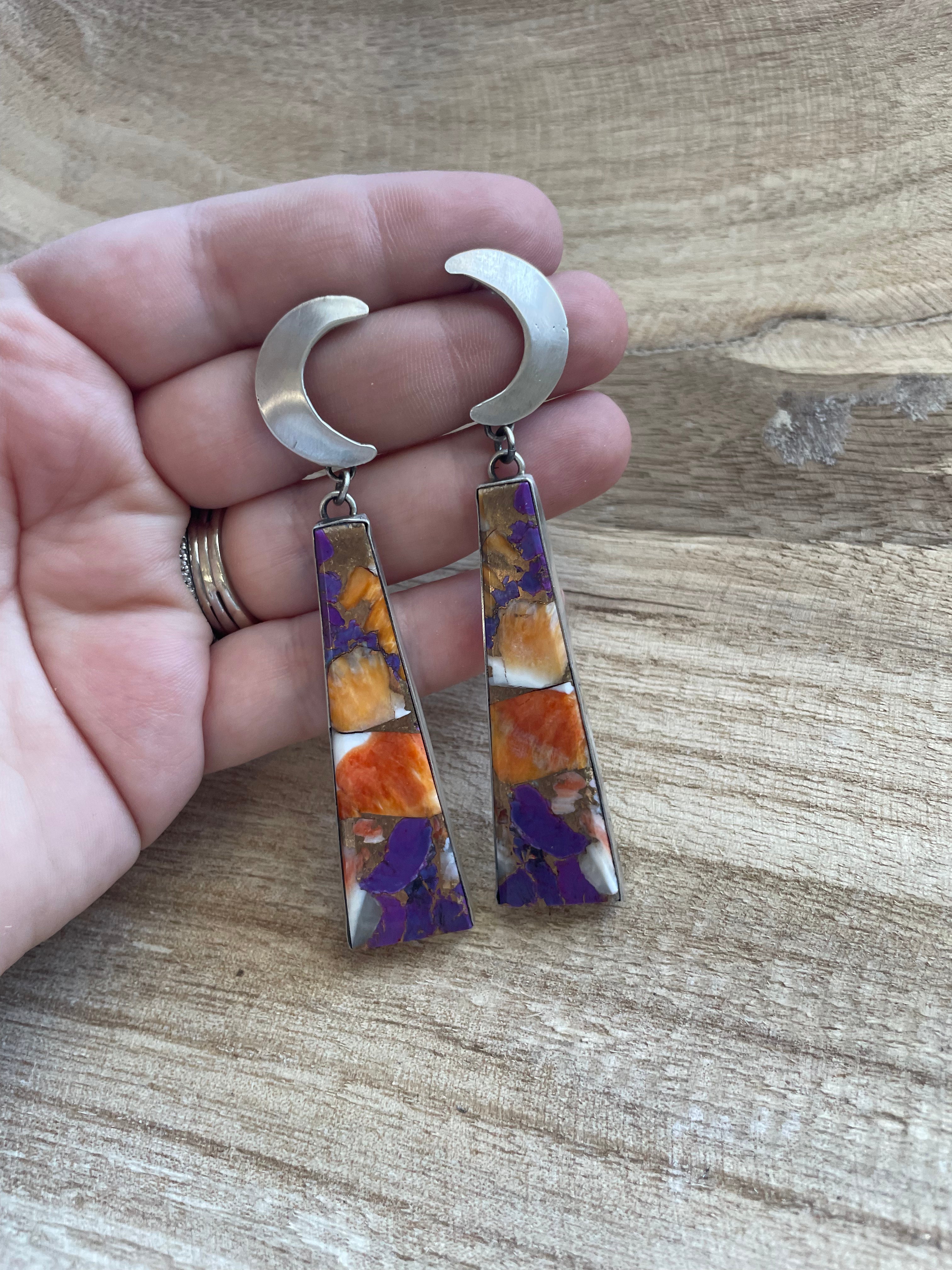 Navajo Sterling Silver & Purple Dream Slab Moon Dangle Earrings Signed