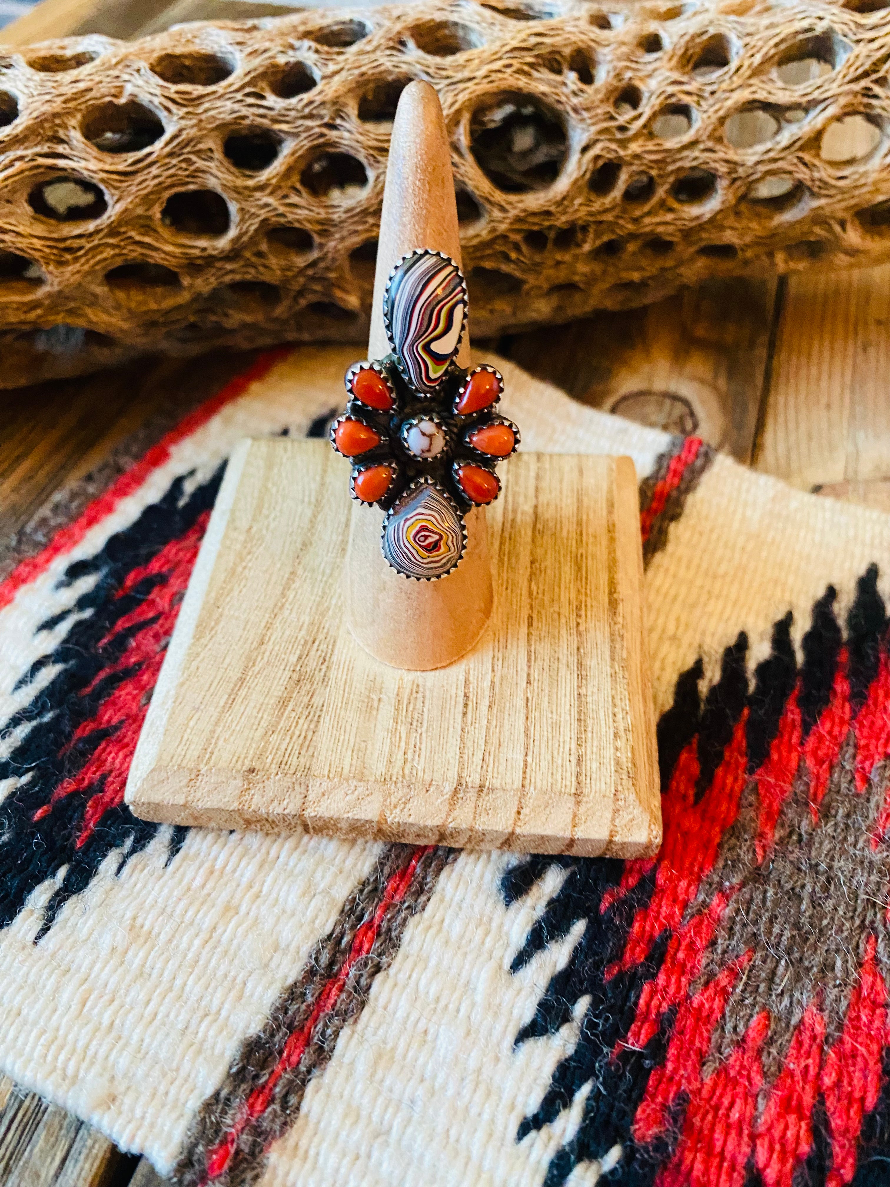 Handmade Sterling Silver, Fordite & Coral Cluster Adjustable Ring