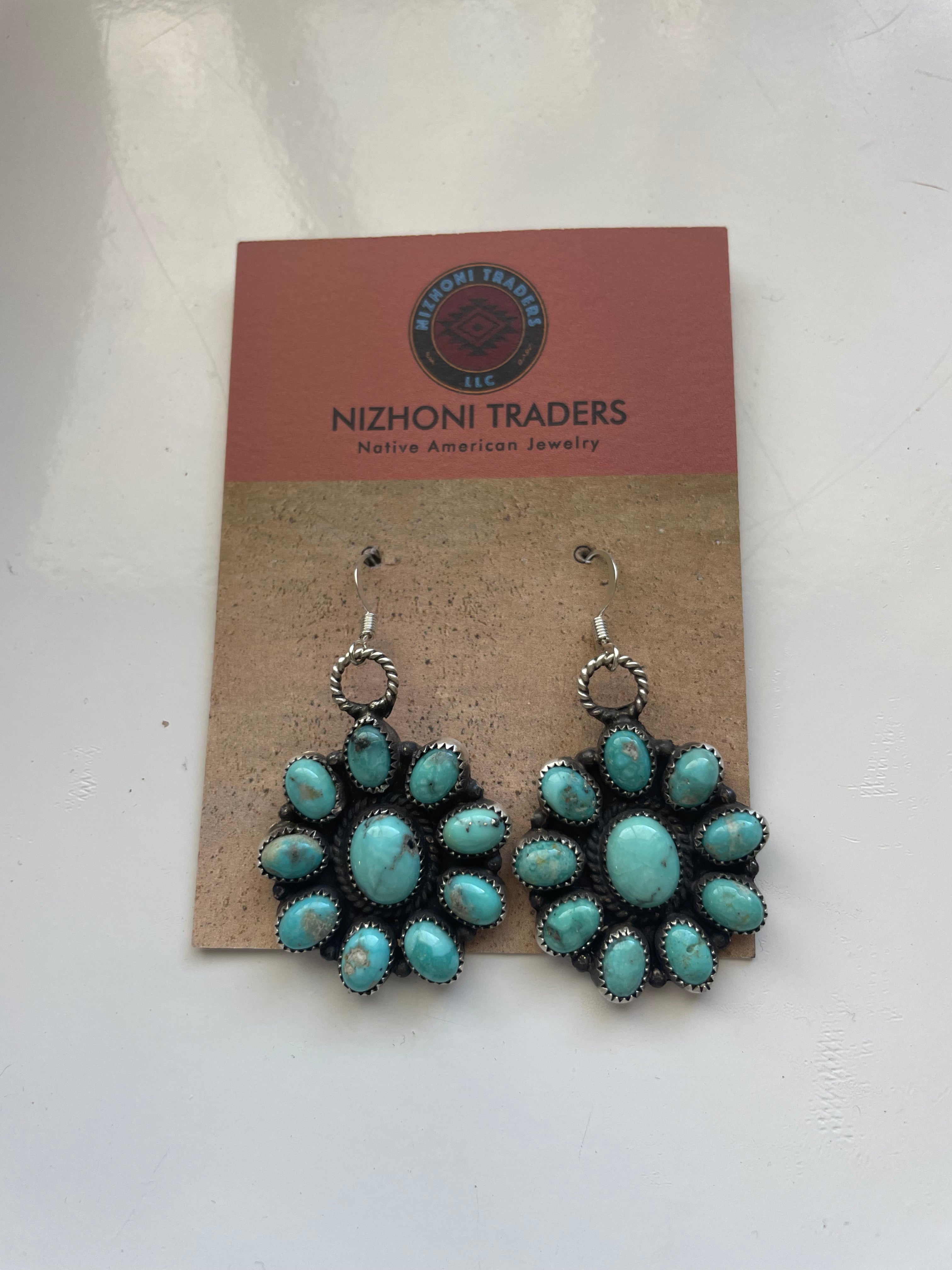 Navajo Sterling Silver & Turquoise Cluster Dangle Earrings Signed