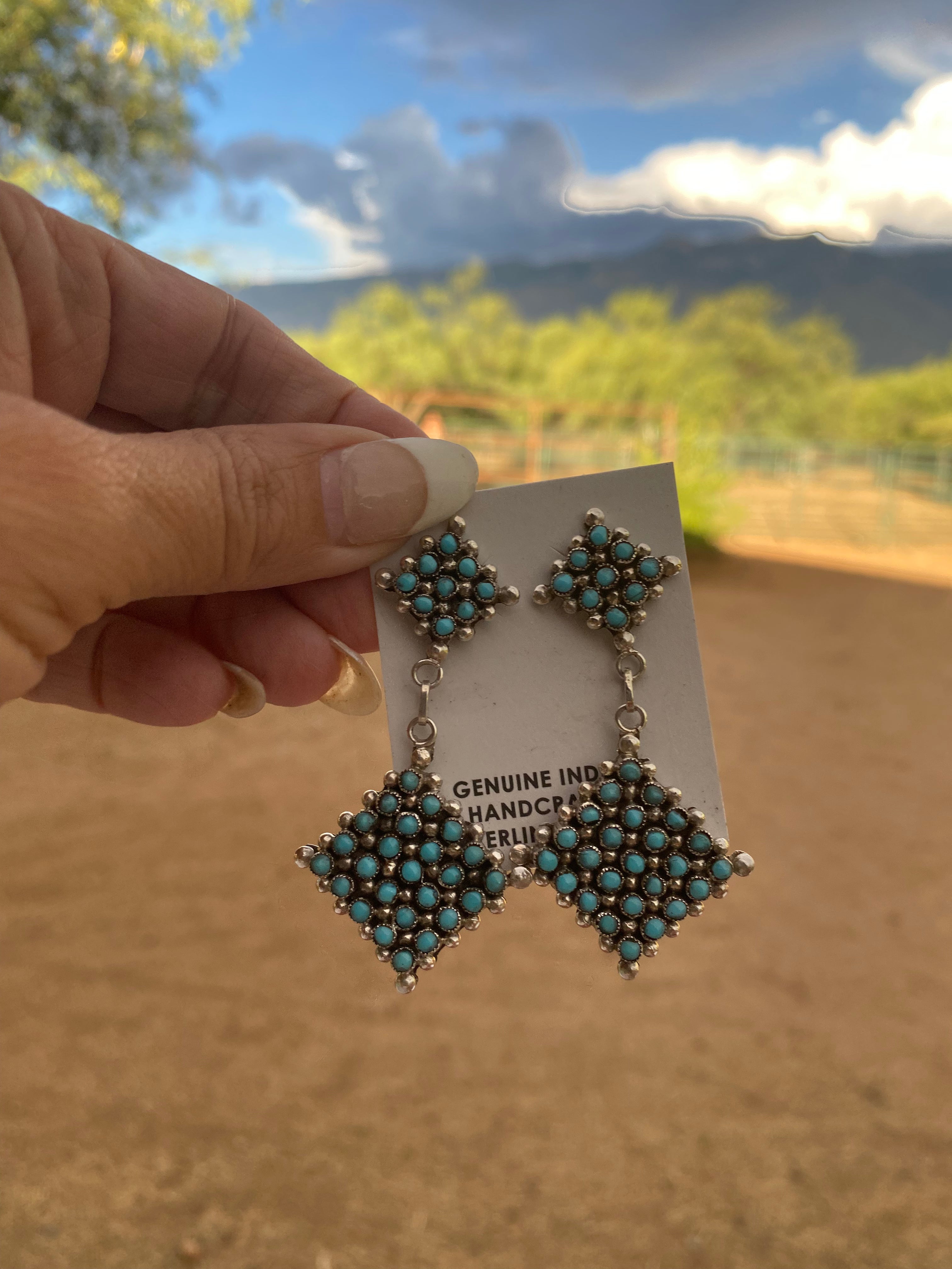 Zuni Sterling Silver & Snake Eye Sleeping Beauty Turquoise Dangle Earrings