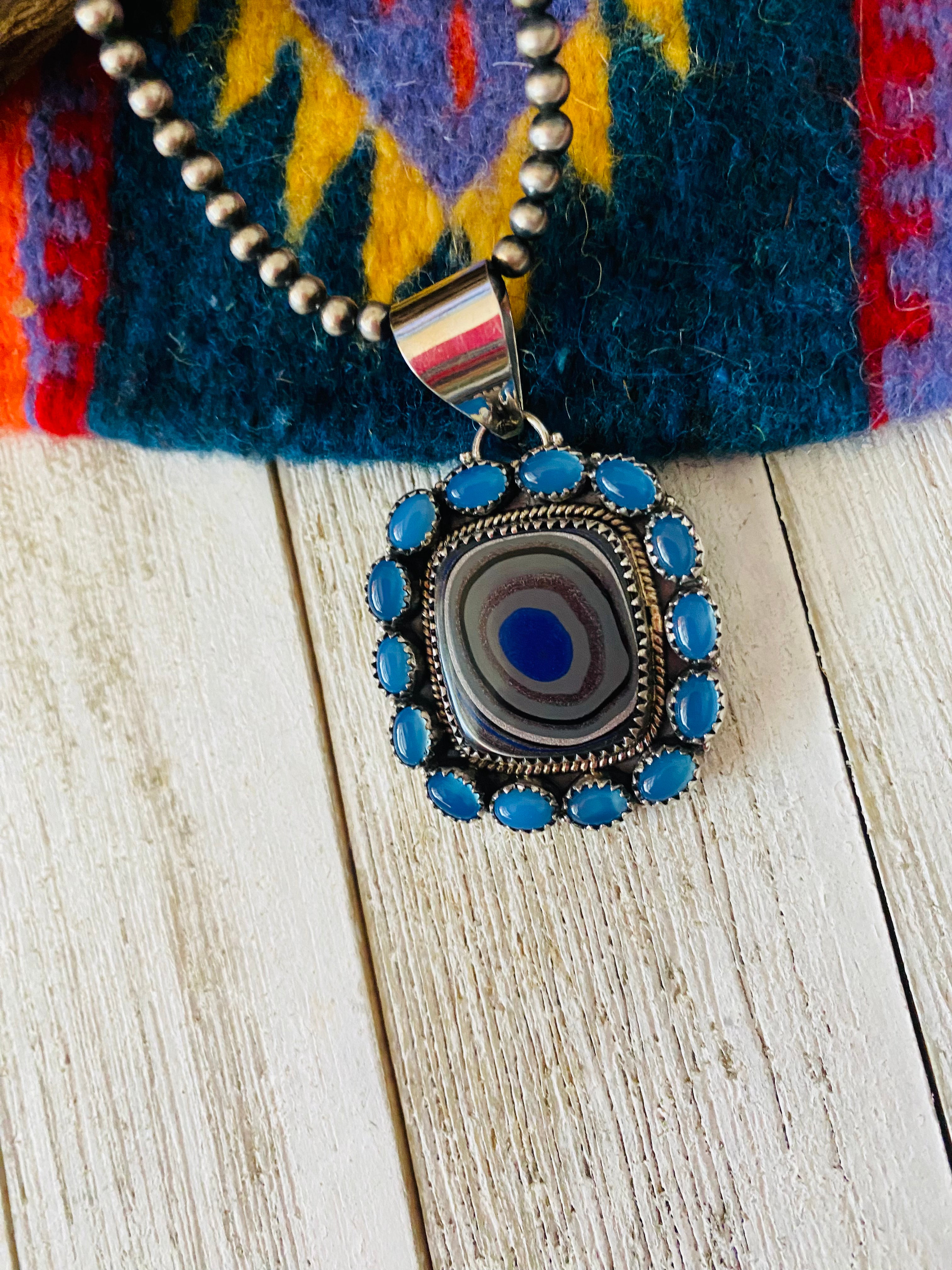 Handmade Sterling Silver, Fordite & Blue Calcedony Cluster Pendant